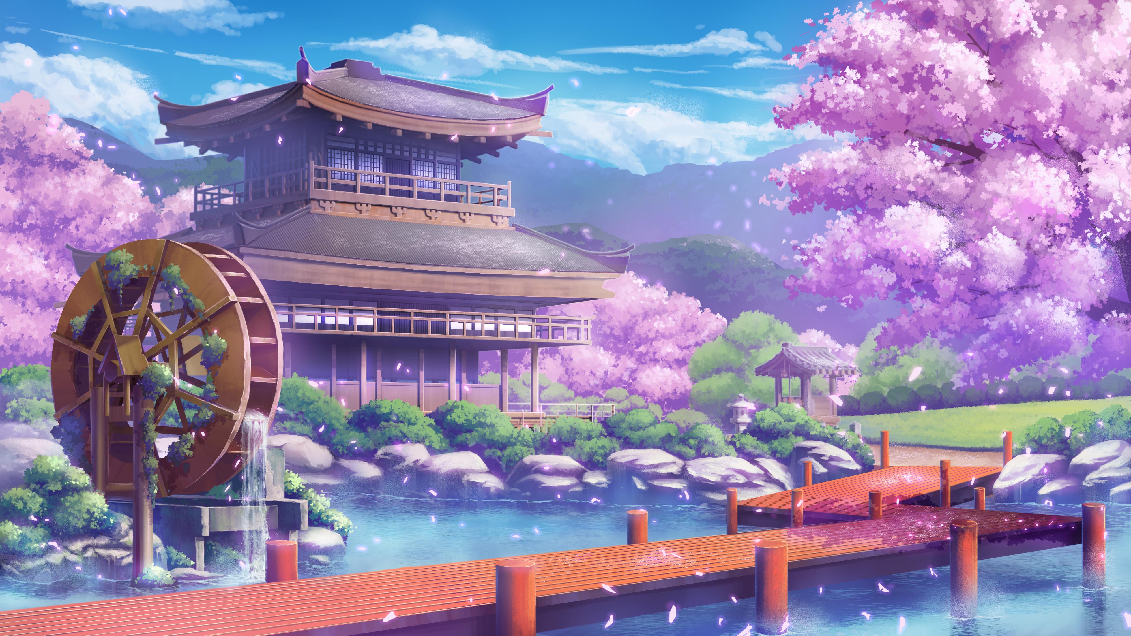 Free download wallpaper Anime, Water, Sakura, House on your PC desktop