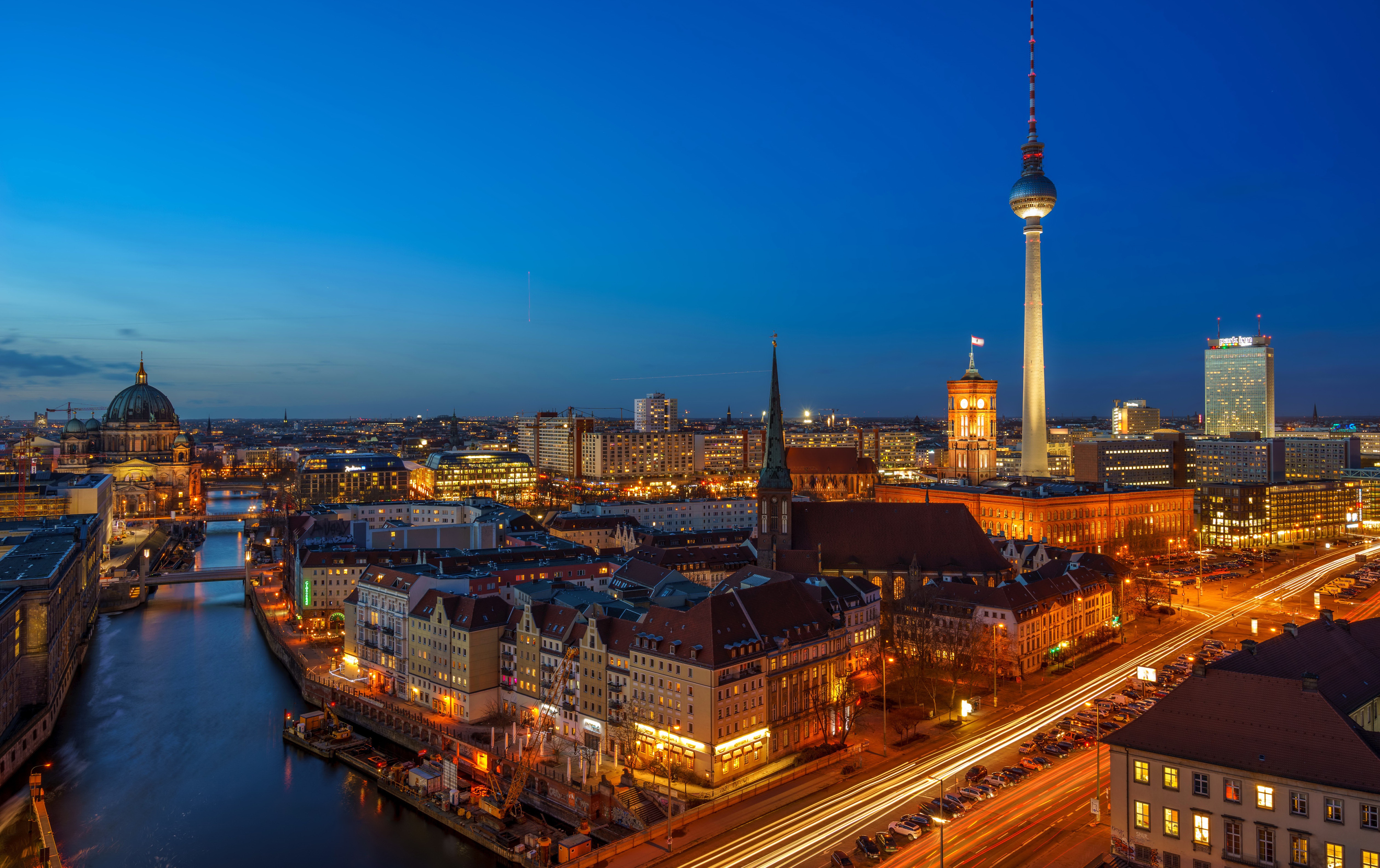 Free download wallpaper Cities, Night, Berlin, City, Light, Germany, Man Made on your PC desktop