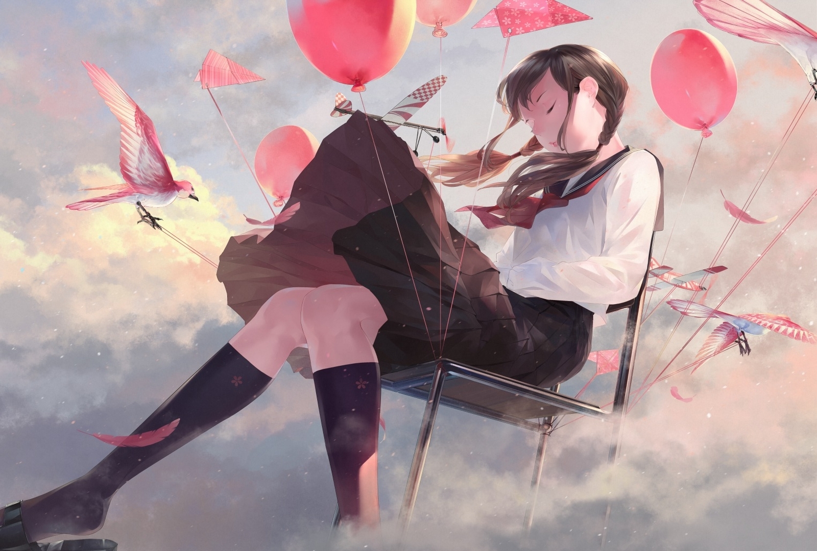 Download mobile wallpaper Anime, Bird, Chair, Balloon, Original, School Uniform for free.