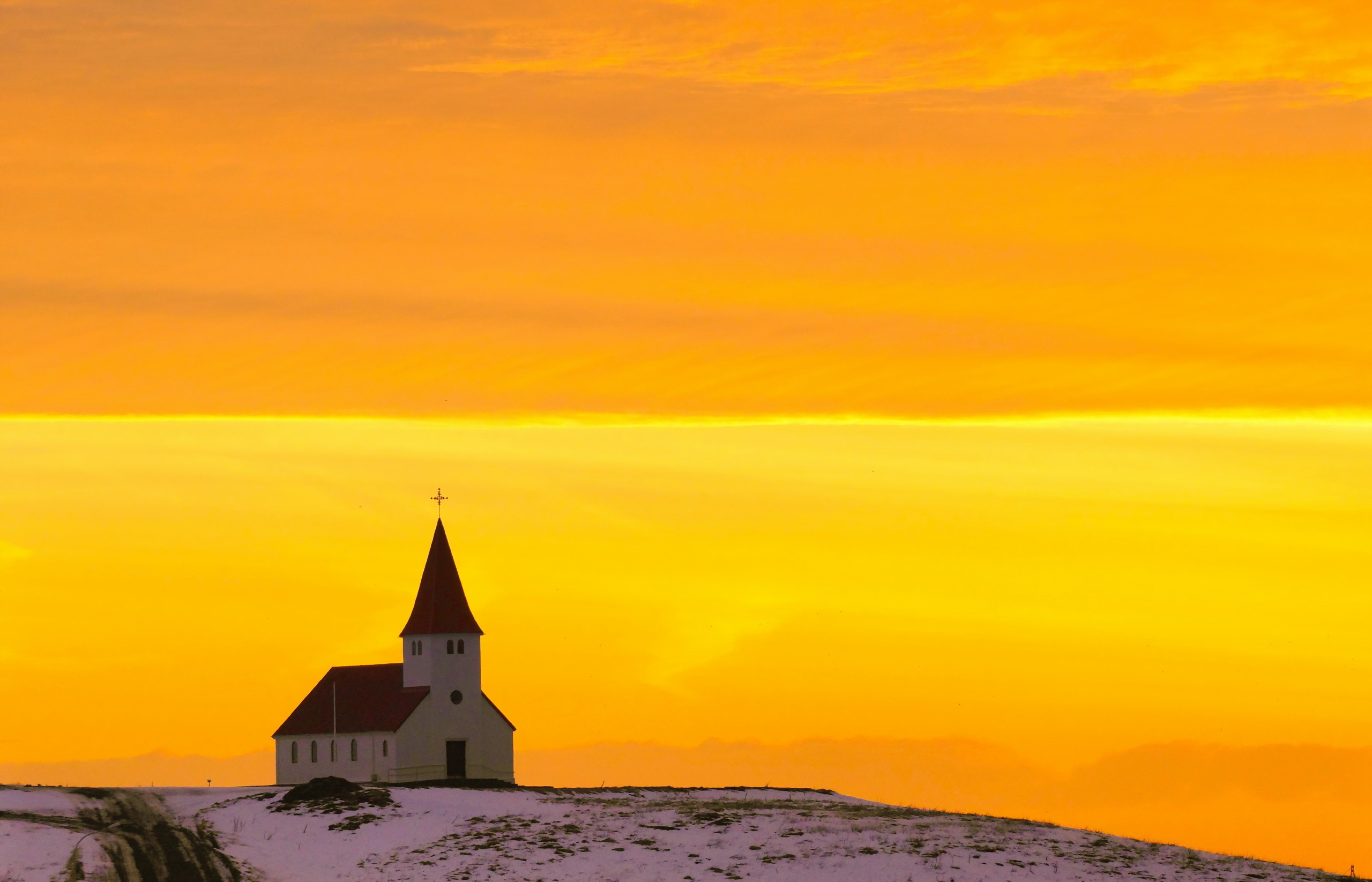 Download mobile wallpaper Sunset, Building, Church, Churches, Religious, Orange (Color) for free.