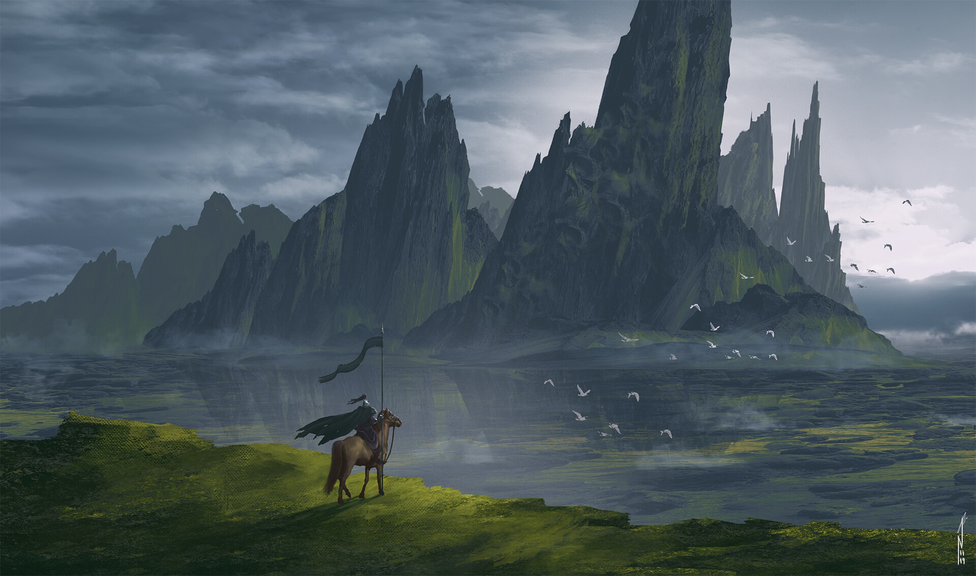 Free download wallpaper Landscape, Fantasy, Mountain, Warrior, Horse on your PC desktop