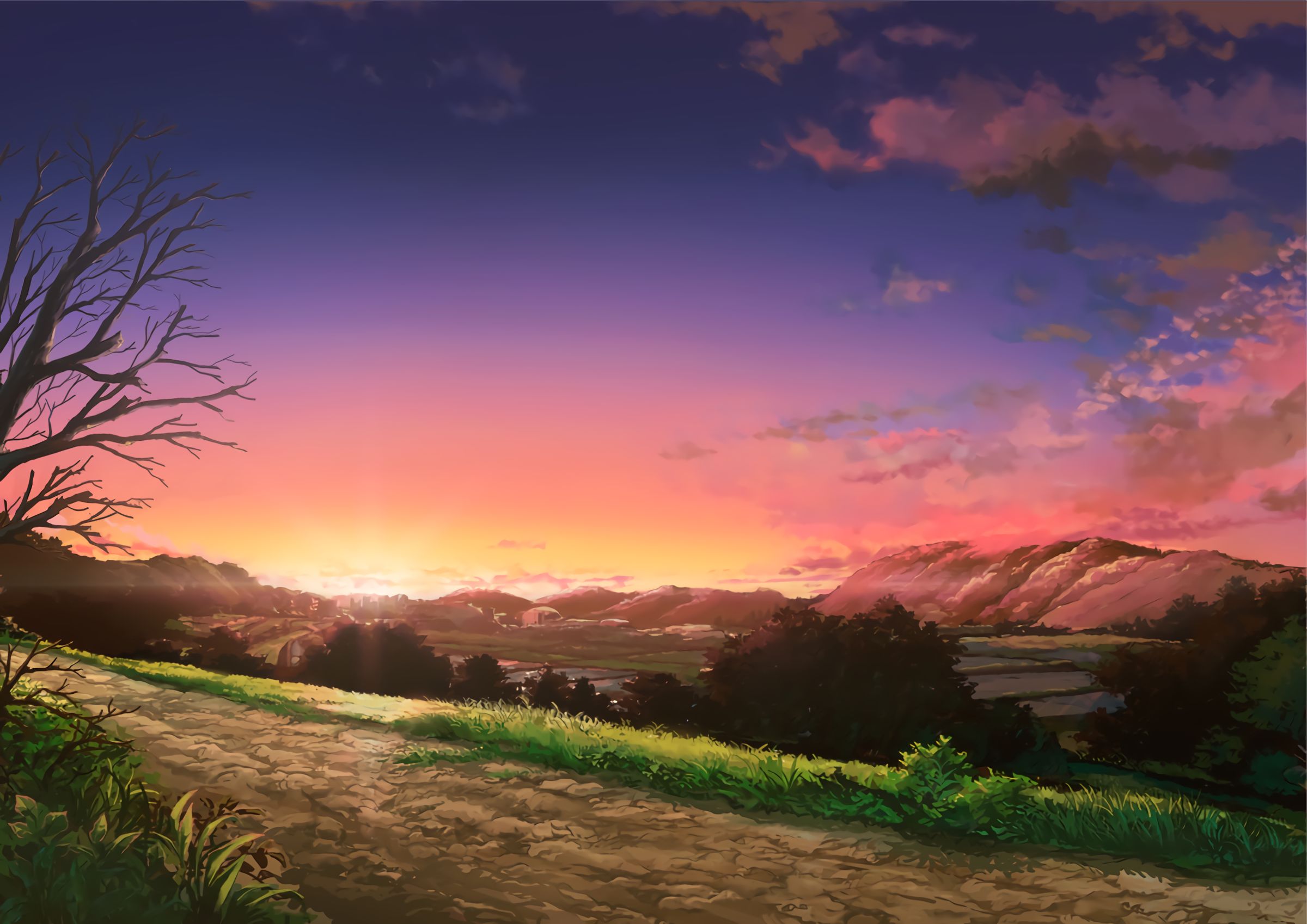 Download mobile wallpaper Anime, Landscape, Sunset, Mountain, Road, Tree, Cloud, Sunbeam for free.