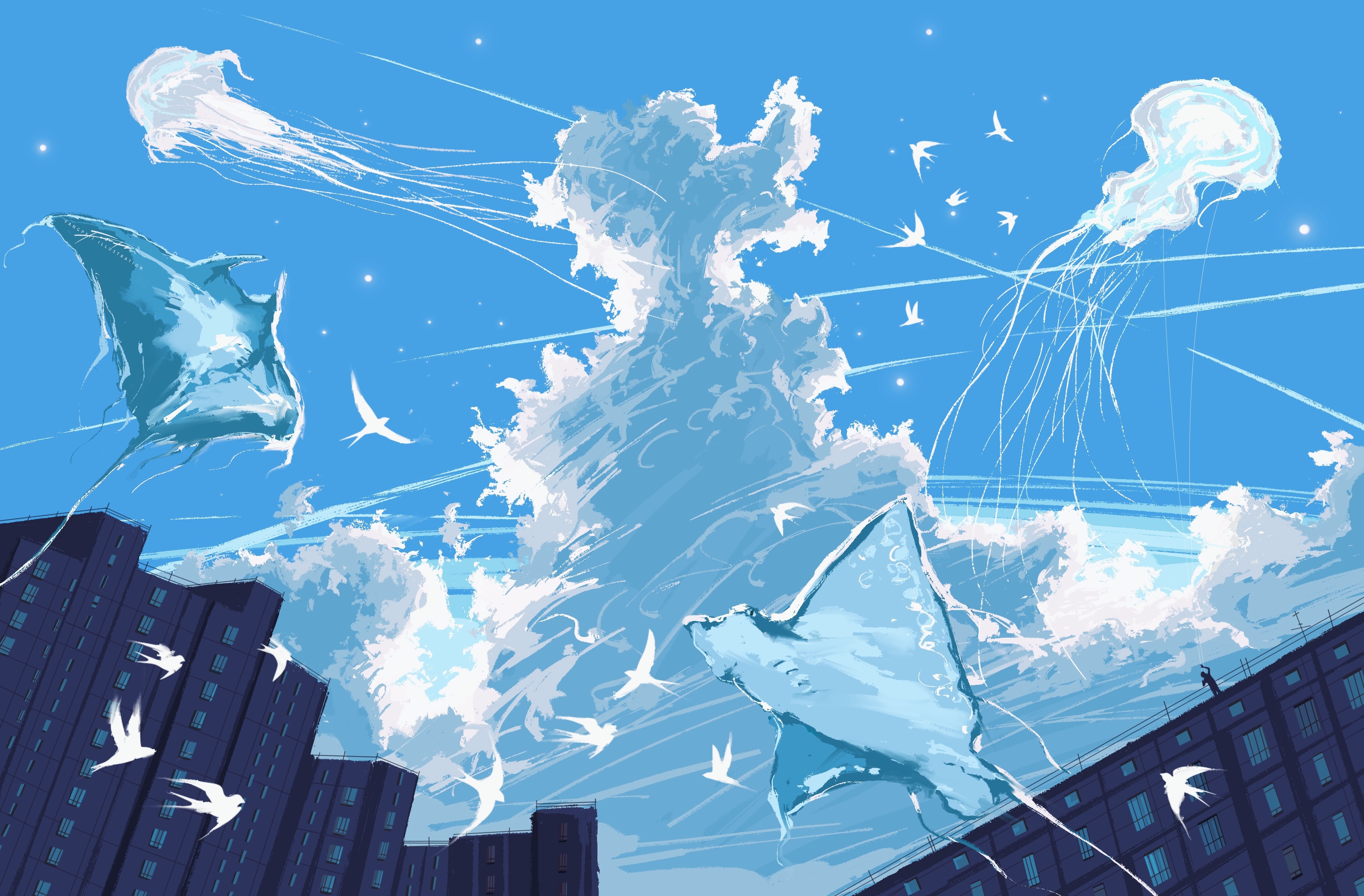 Free download wallpaper Anime, Sky, Jellyfish, Bird, Animal, Sunbeam on your PC desktop