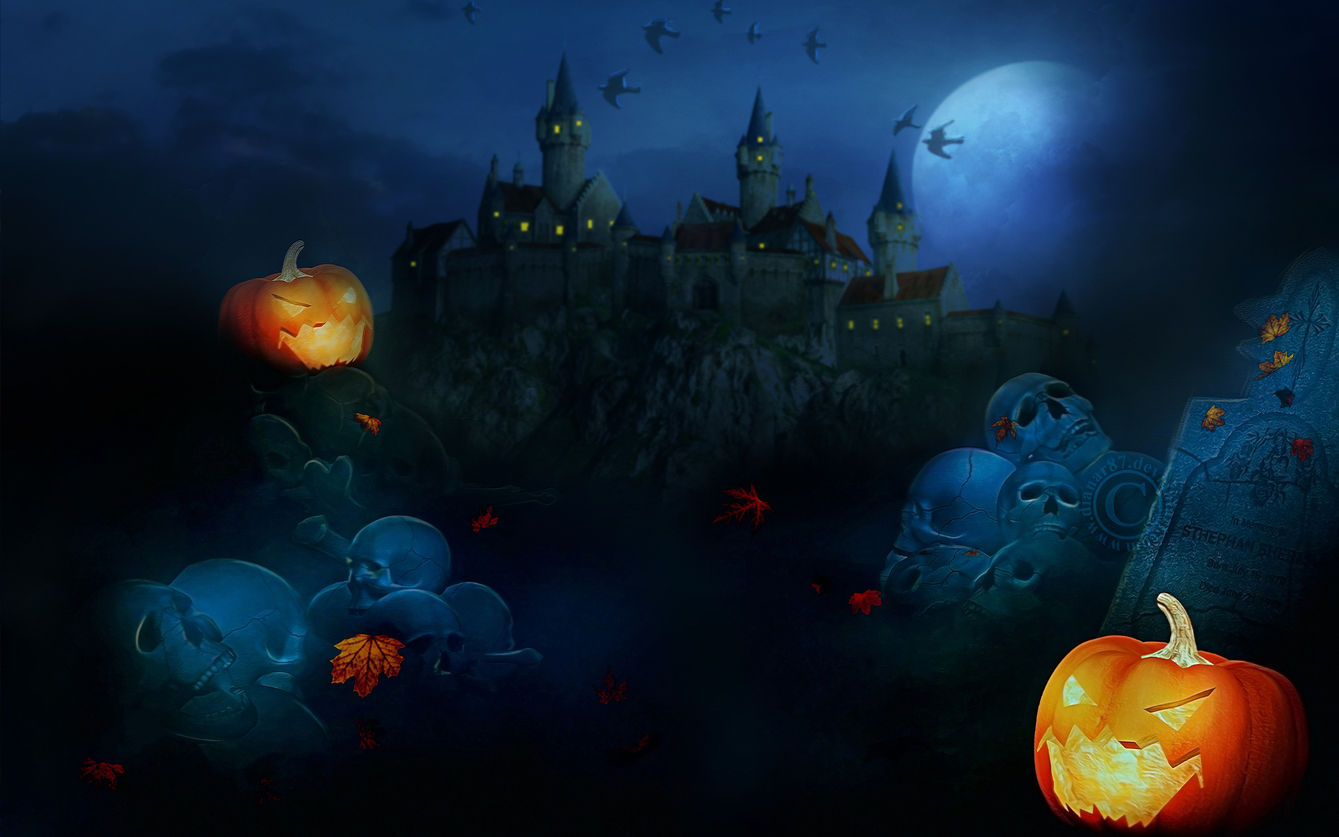 Free download wallpaper Halloween, Moon, Holiday, Skeleton, Bat, Castle, Tombstone, Jack O' Lantern on your PC desktop