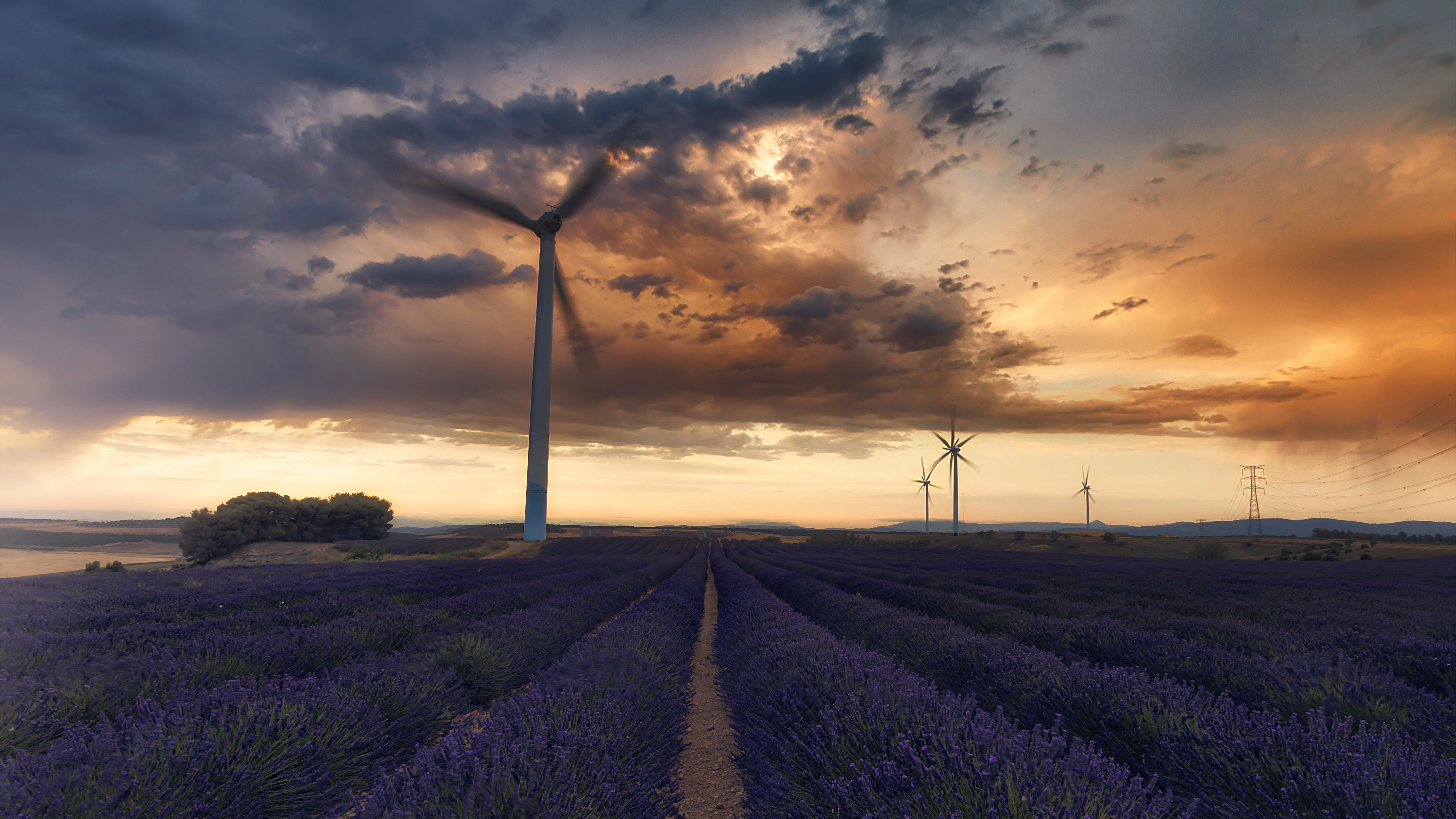 Download mobile wallpaper Sunset, Sky, Cloud, Lavender, Wind Turbine, Man Made for free.