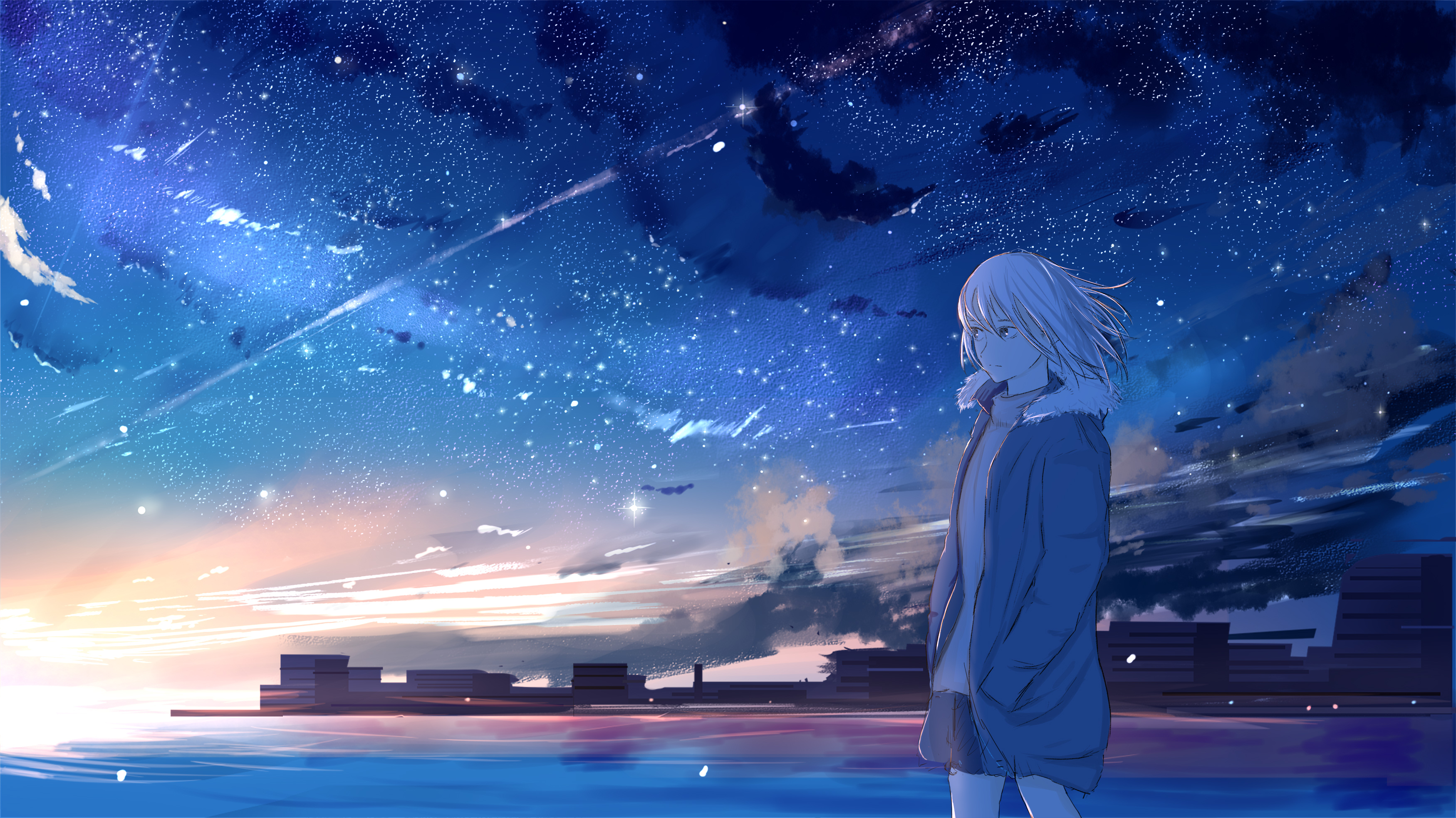 Free download wallpaper Anime, Stars, City, Blonde, Original, Short Hair on your PC desktop