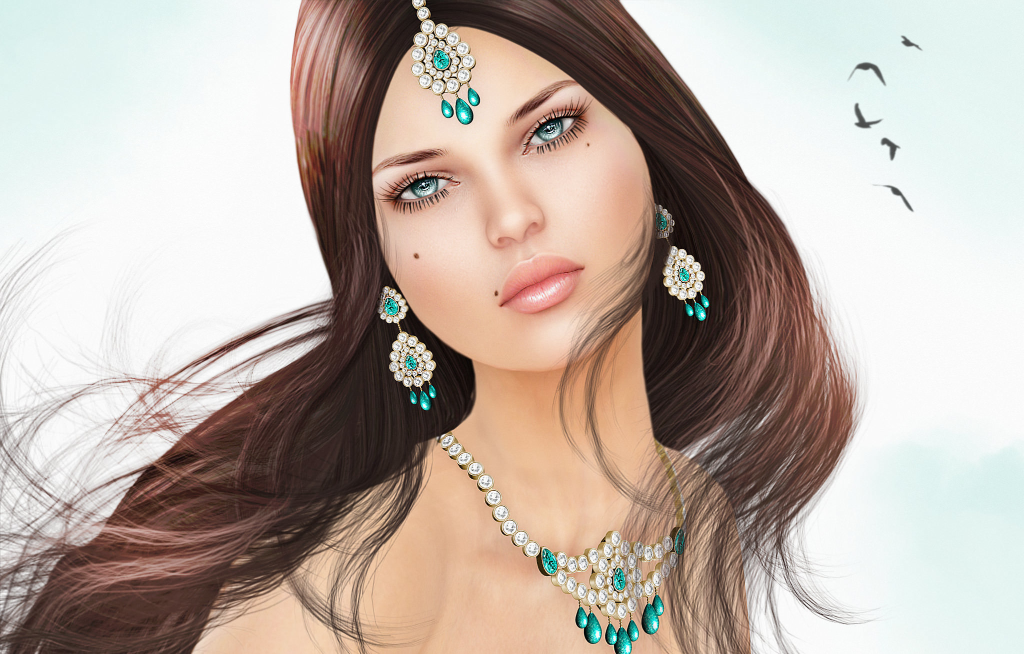 Download mobile wallpaper Fantasy, Jewelry, Women, Earrings, Diamond, Bindi for free.