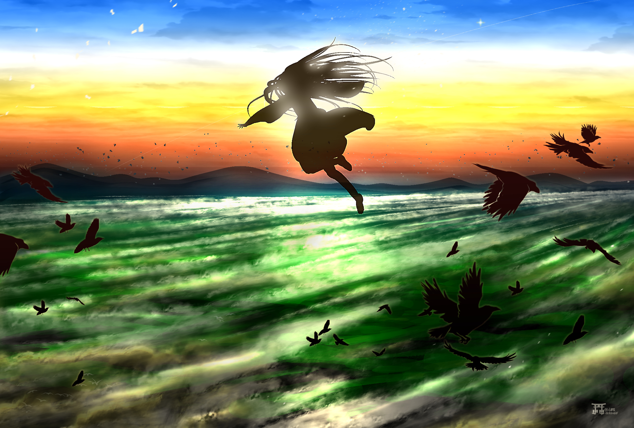 Download mobile wallpaper Anime, Sky, Bird, Original for free.
