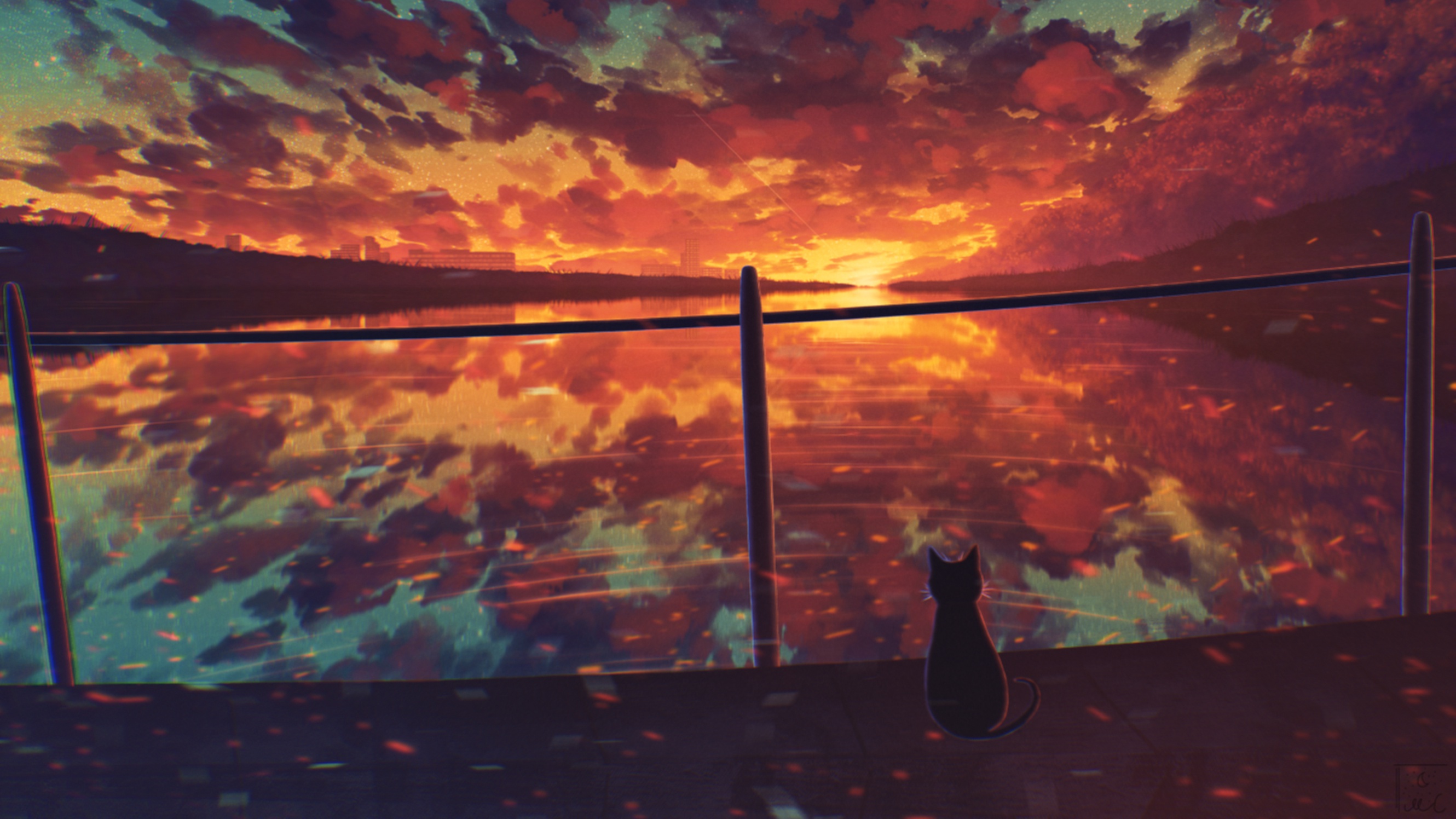 Download mobile wallpaper Anime, Water, Sunset, Cat for free.