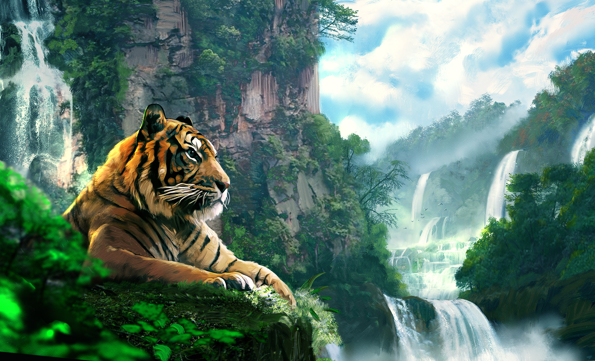 Free download wallpaper Cats, Waterfall, Tiger, Animal on your PC desktop