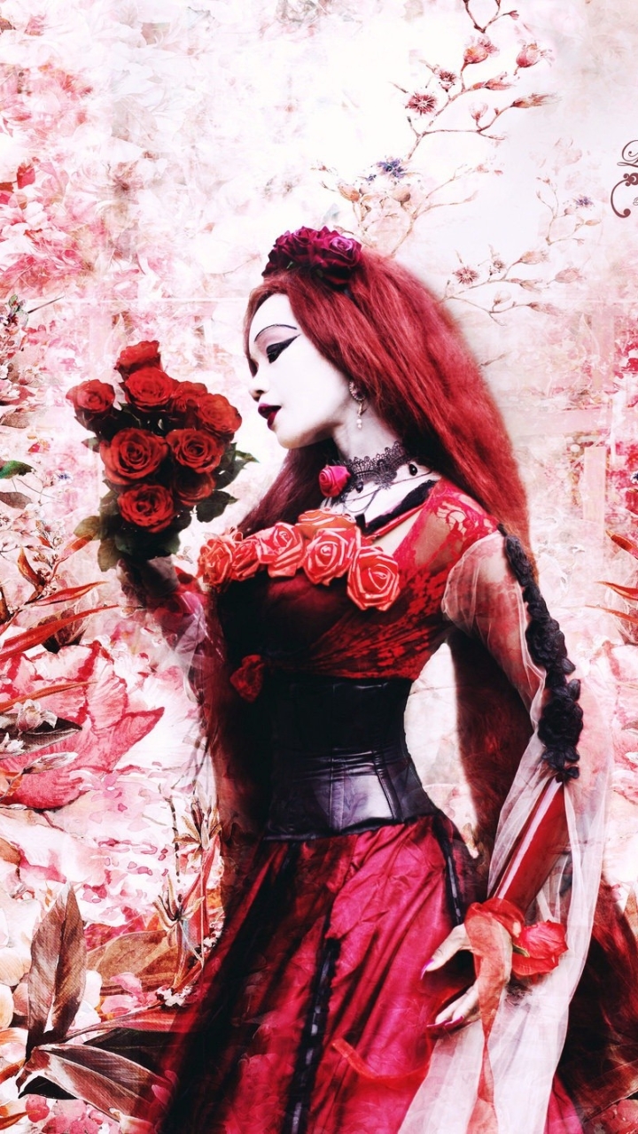 無料モバイル壁紙ファンタジー, ゴシック, 花, 薔薇, 赤毛, 芸術的, 女性, 長い髪, アジア人, 赤いドレスをダウンロードします。
