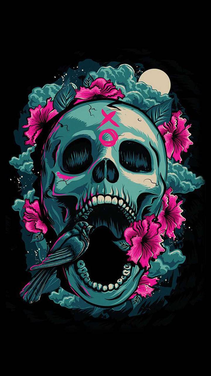 Download mobile wallpaper Dark, Skull, Pink Flower for free.