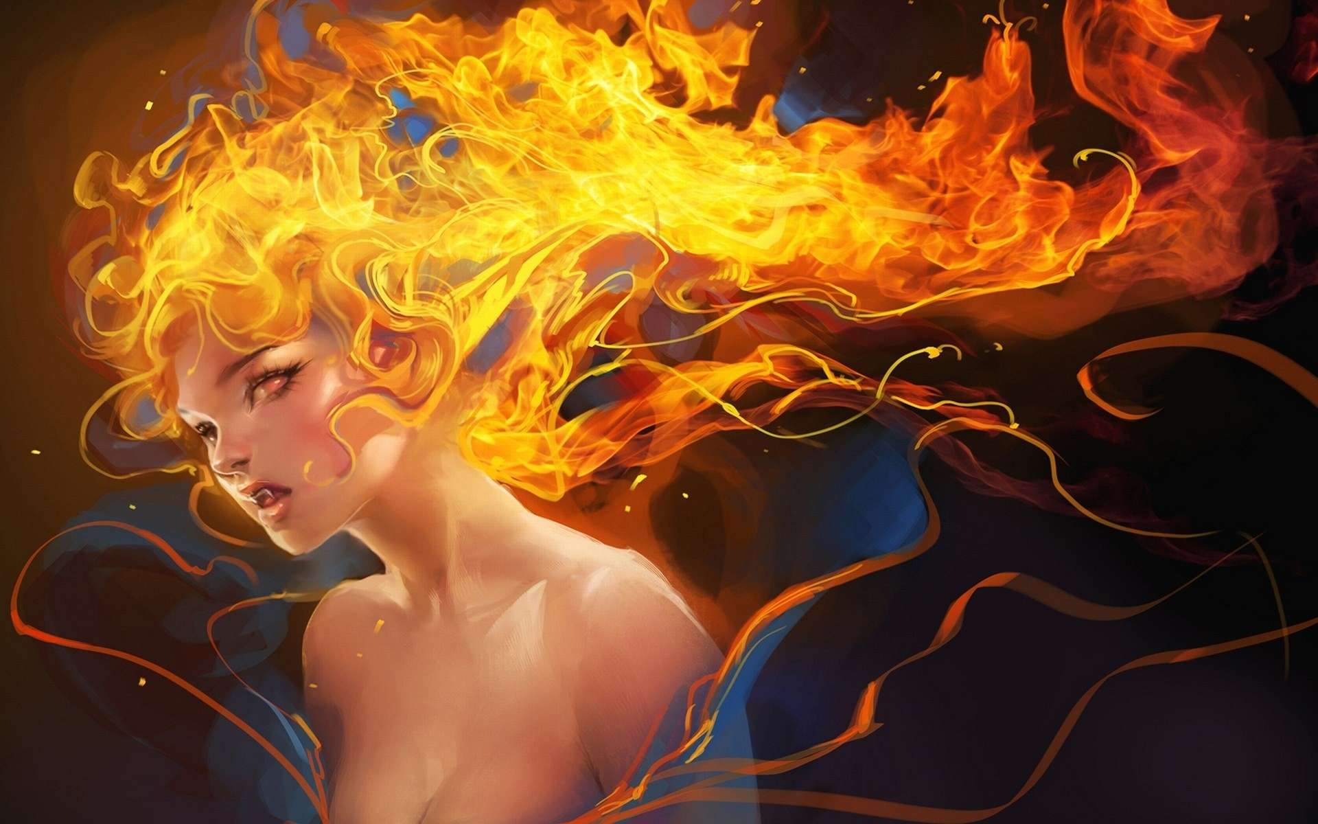 Download mobile wallpaper Fantasy, Fire, Hair, Women for free.
