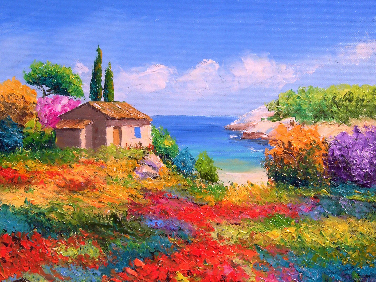 Free download wallpaper Tree, Ocean, House, Field, Colors, Colorful, Painting, Artistic, Tuscany on your PC desktop