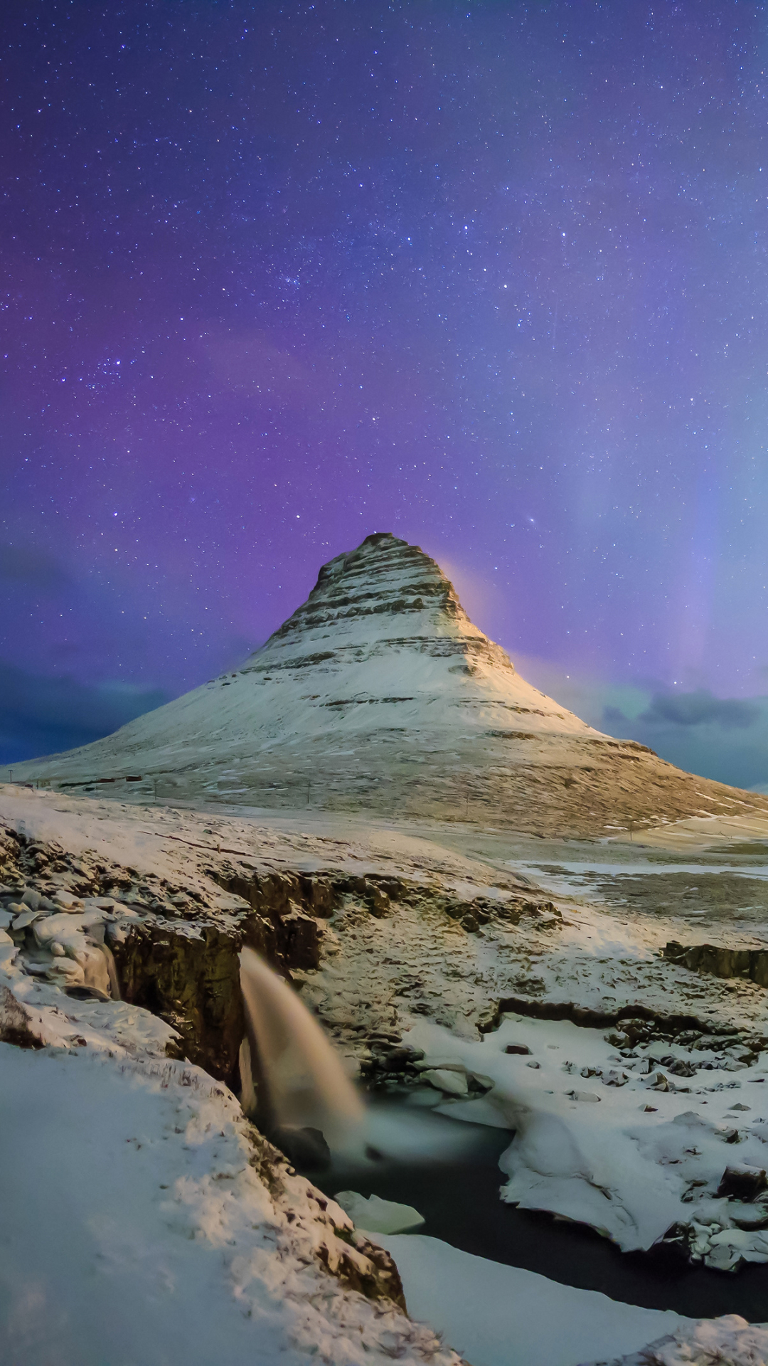 Download mobile wallpaper Sky, Snow, Mountain, Earth, Aurora Borealis, Iceland, River, Kirkjufell for free.