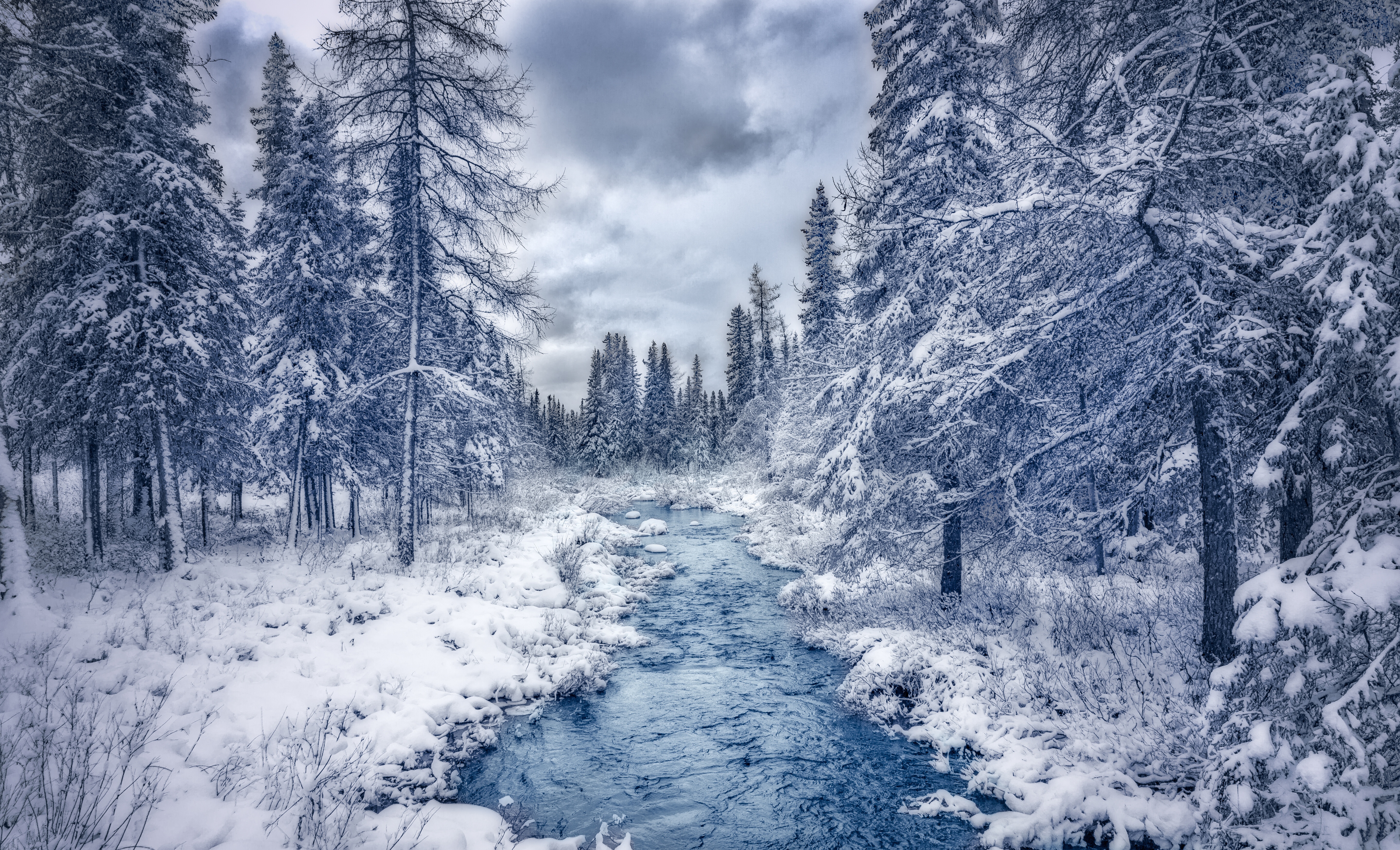 Download mobile wallpaper Winter, Nature, Snow, Tree, Earth, River for free.