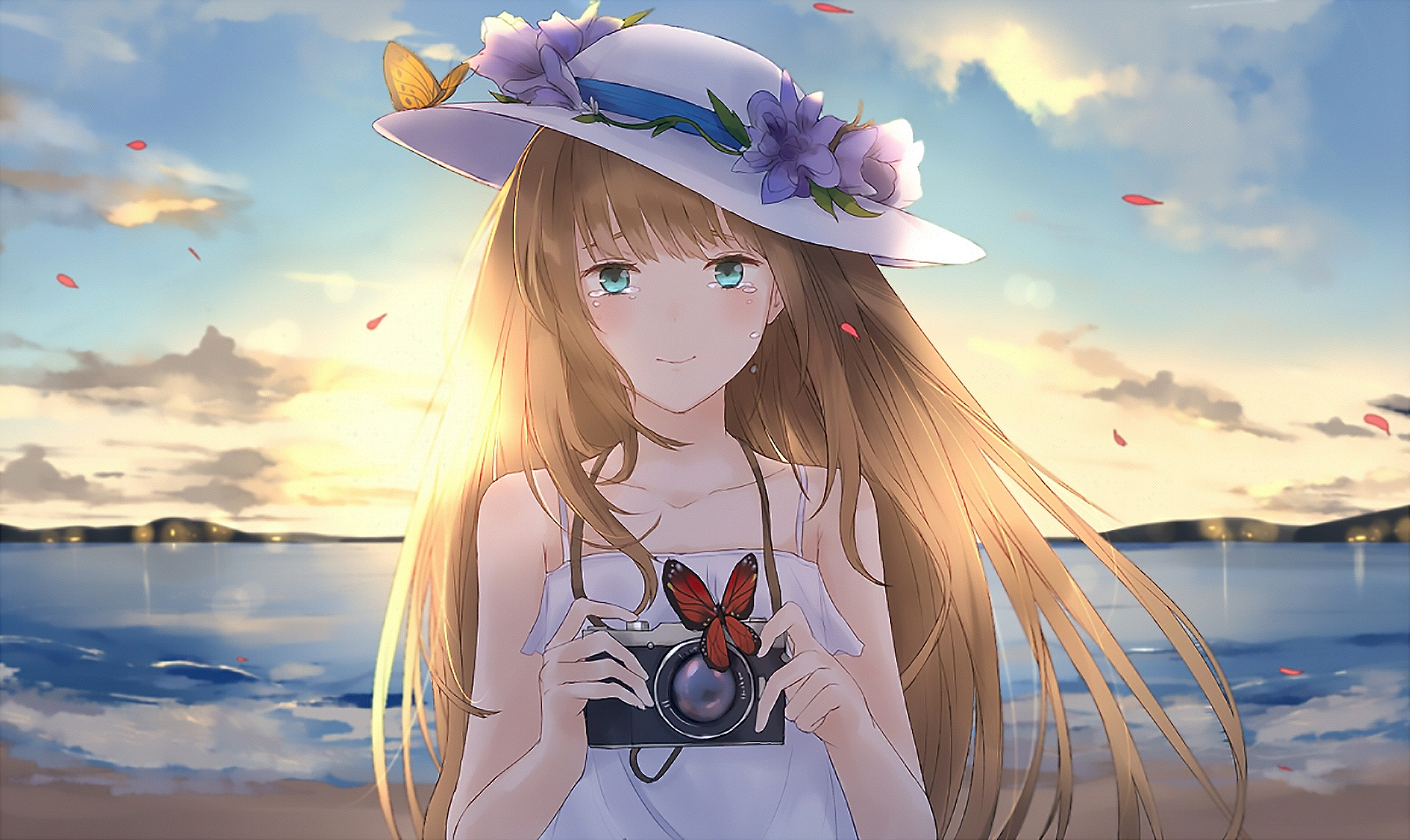 Download mobile wallpaper Anime, Beach, Flower, Butterfly, Camera, Hat, Dress, Blue Eyes, Tears, Original, Long Hair for free.