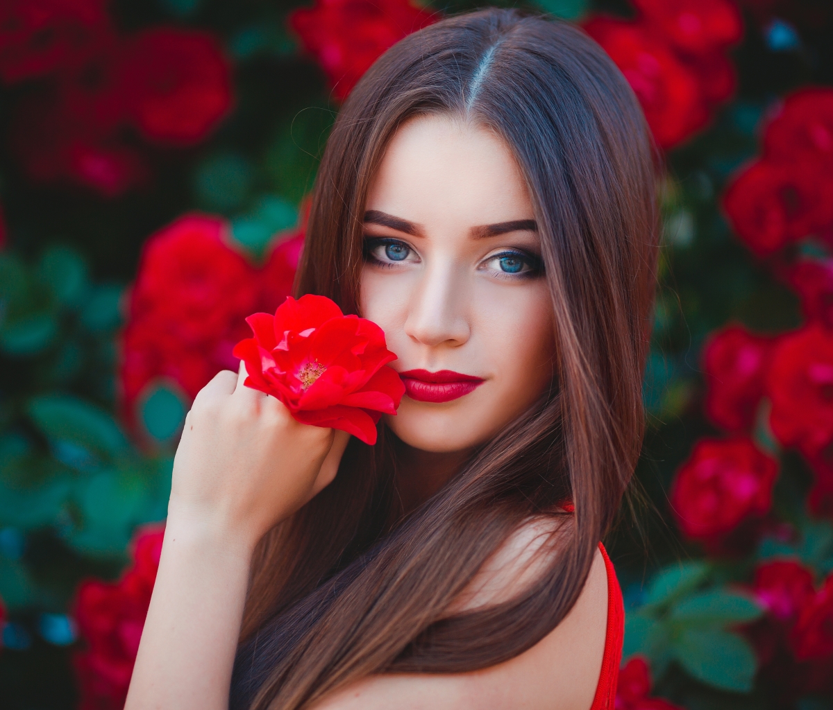 Download mobile wallpaper Brunette, Model, Women, Blue Eyes, Red Flower, Long Hair, Lipstick for free.