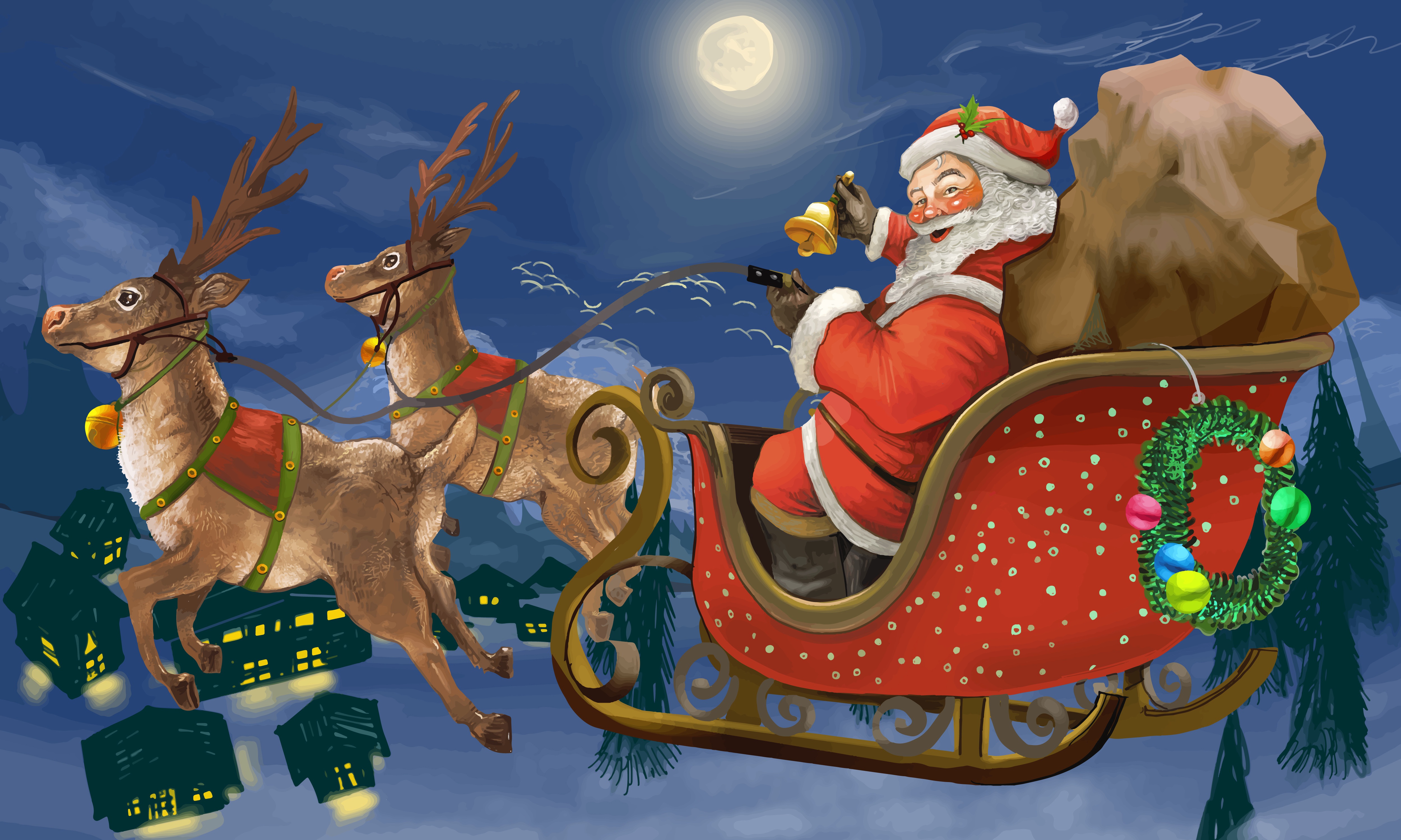 Скачать обои бесплатно Рождество, Сани, Праздничные, Санта, Северный Олень картинка на рабочий стол ПК