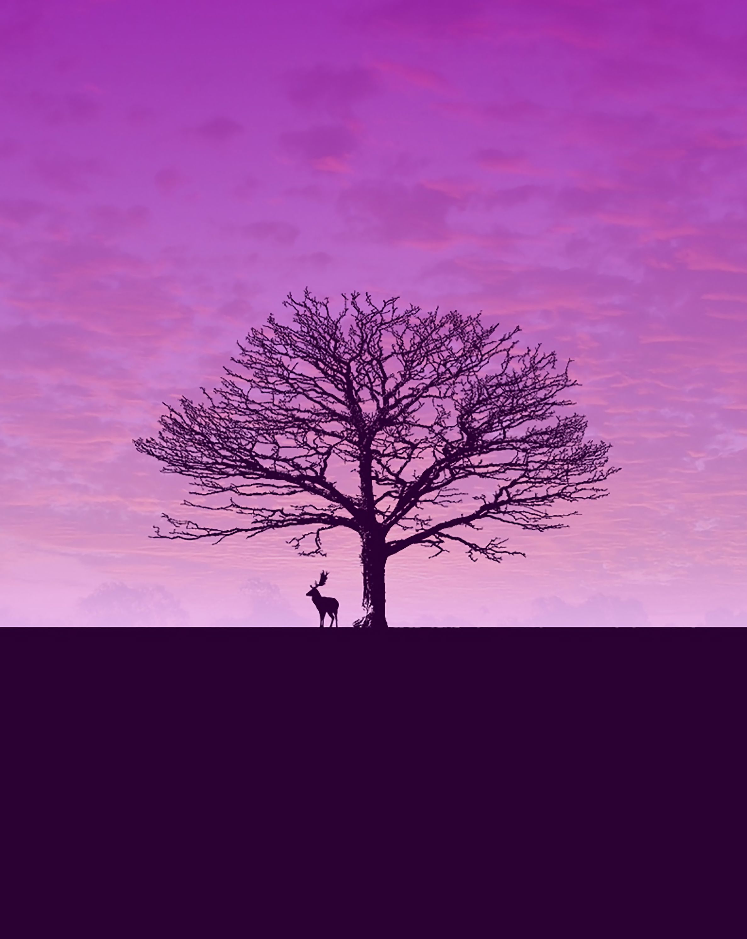 Скачать обои бесплатно Дерево, Небо, Облака, Олень, Минимализм картинка на рабочий стол ПК