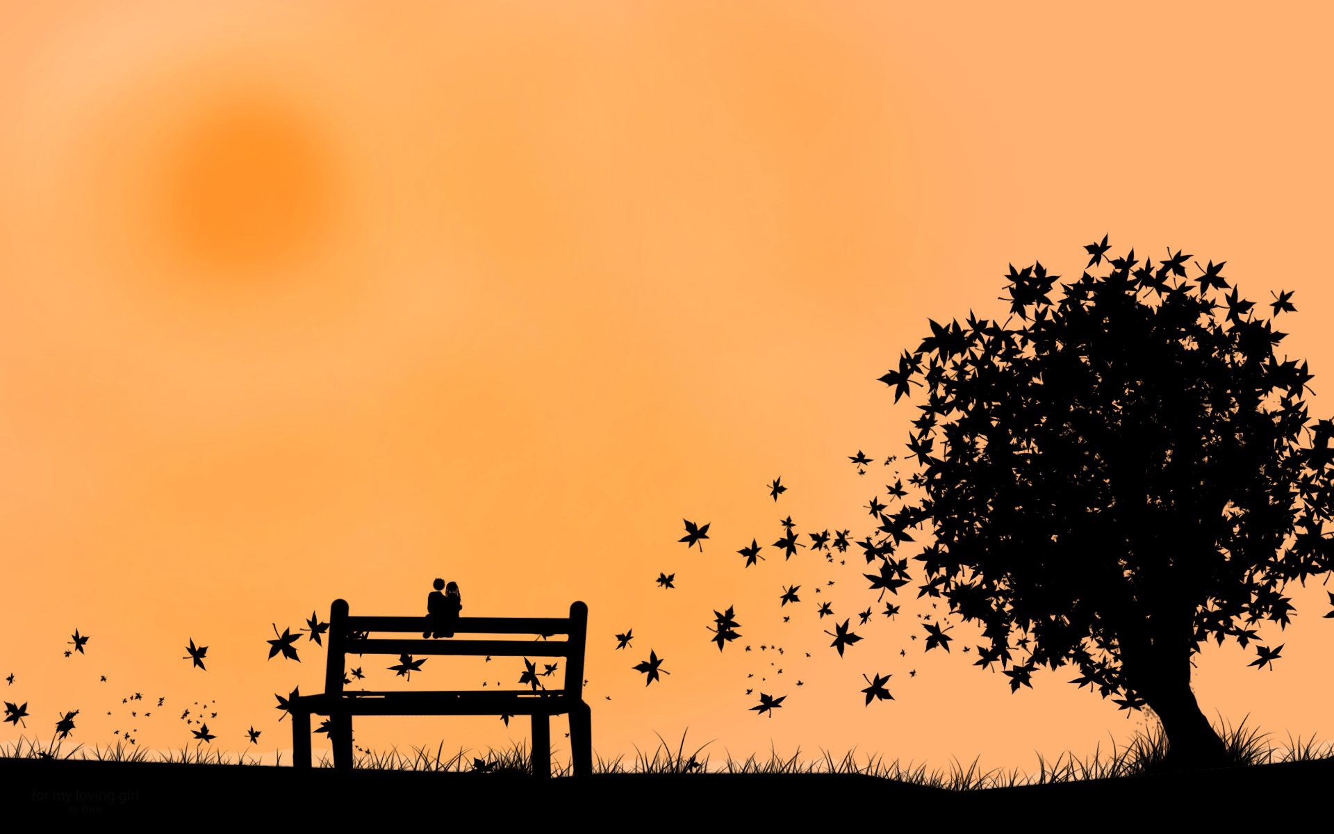 bench, autumn, couple, vector, leaves, silhouette, pair cellphone