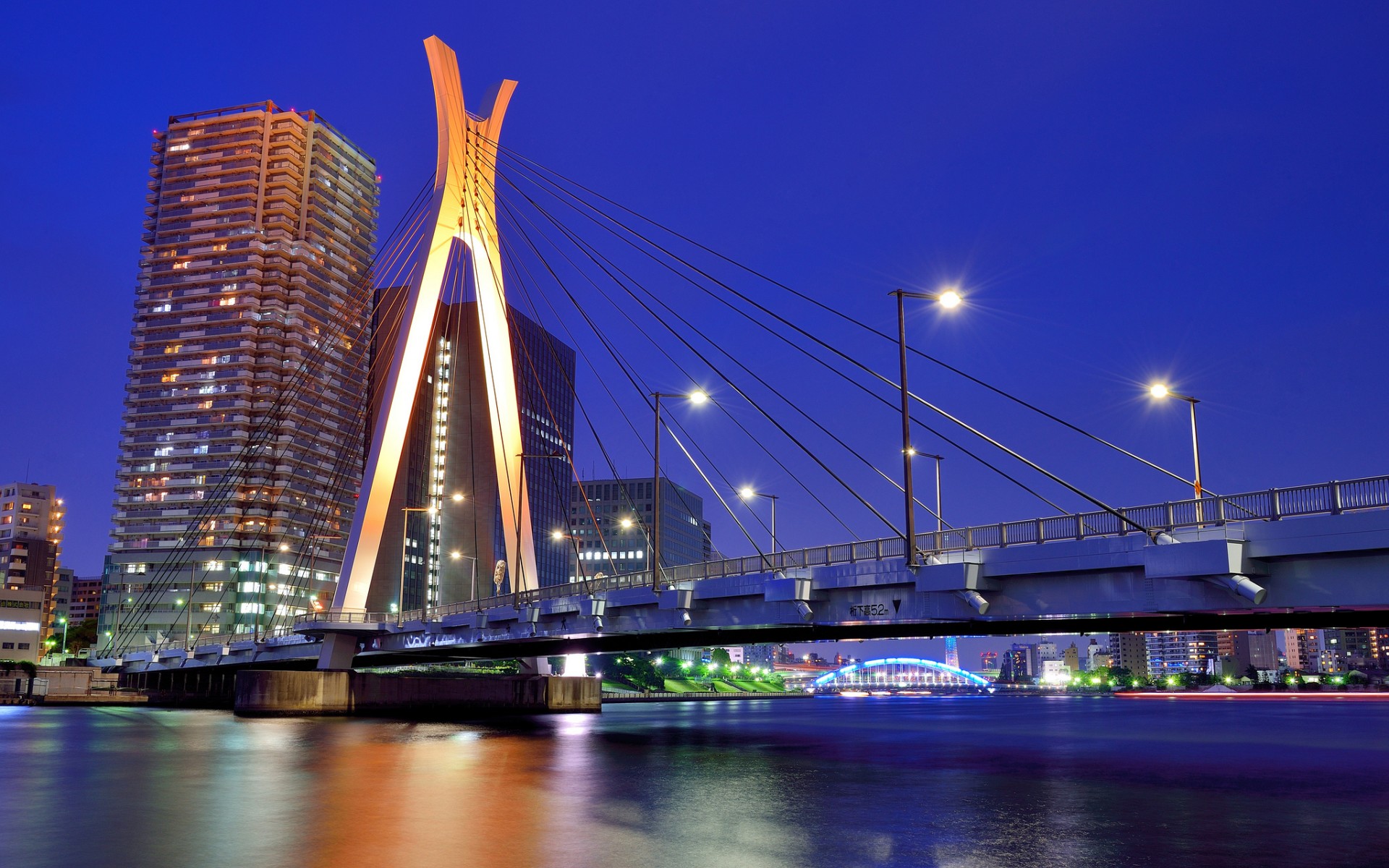 japan, man made, tokyo, blue, bridge, chuo ohashi bridge, house, light, metropolis, night, river, sky, skyscraper, cities