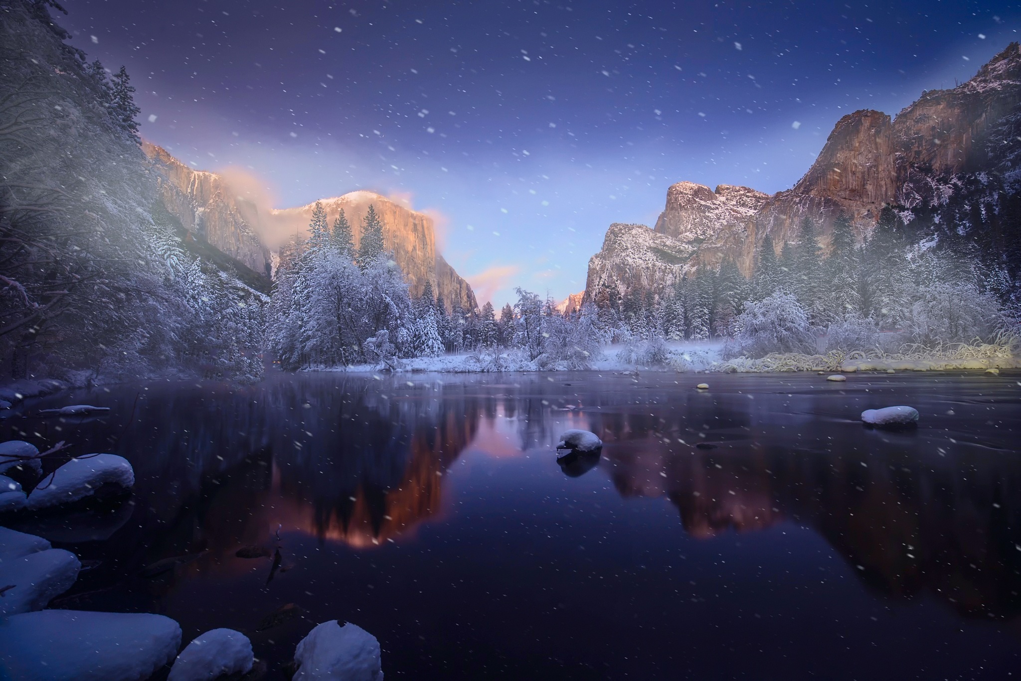 Free download wallpaper Winter, Nature, Mountain, Lake, Reflection, Earth, Snowfall on your PC desktop