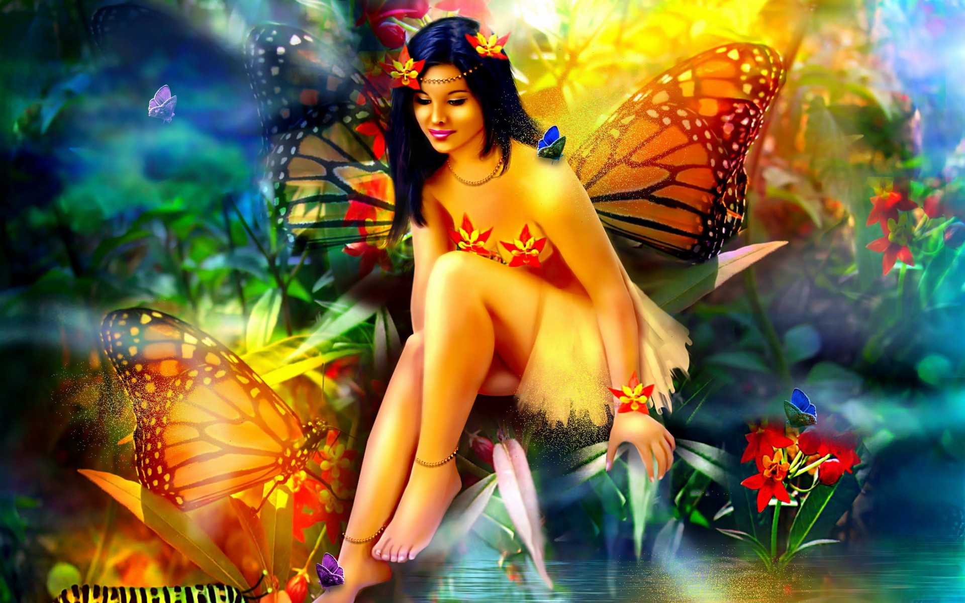 Download mobile wallpaper Fantasy, Flower, Forest, Colors, Butterfly, Wings, Colorful, Brunette, Fairy for free.