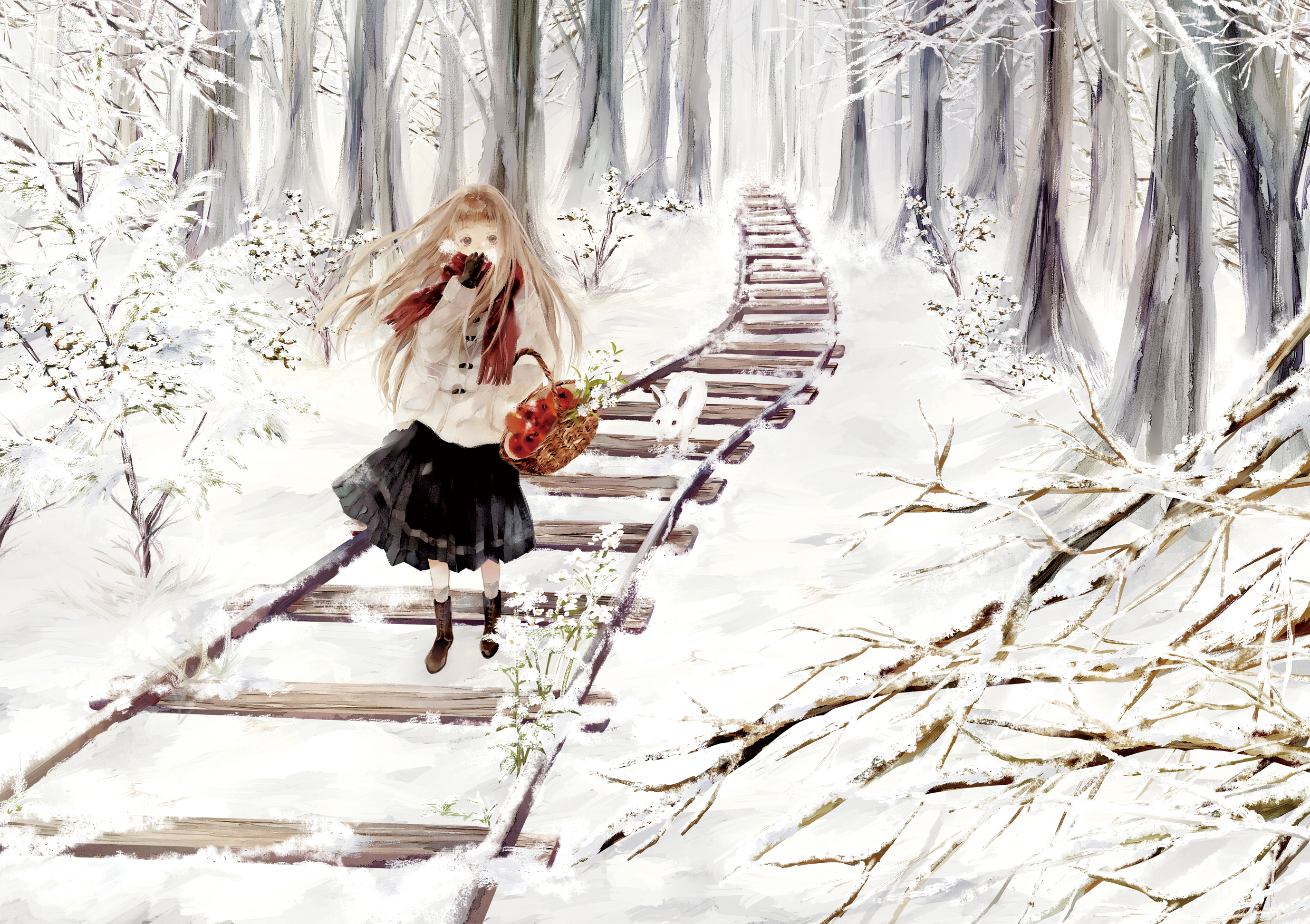 Download mobile wallpaper Anime, Snow, Flower, Blonde, Glove, Scarf, Original, Brown Eyes, Long Hair for free.