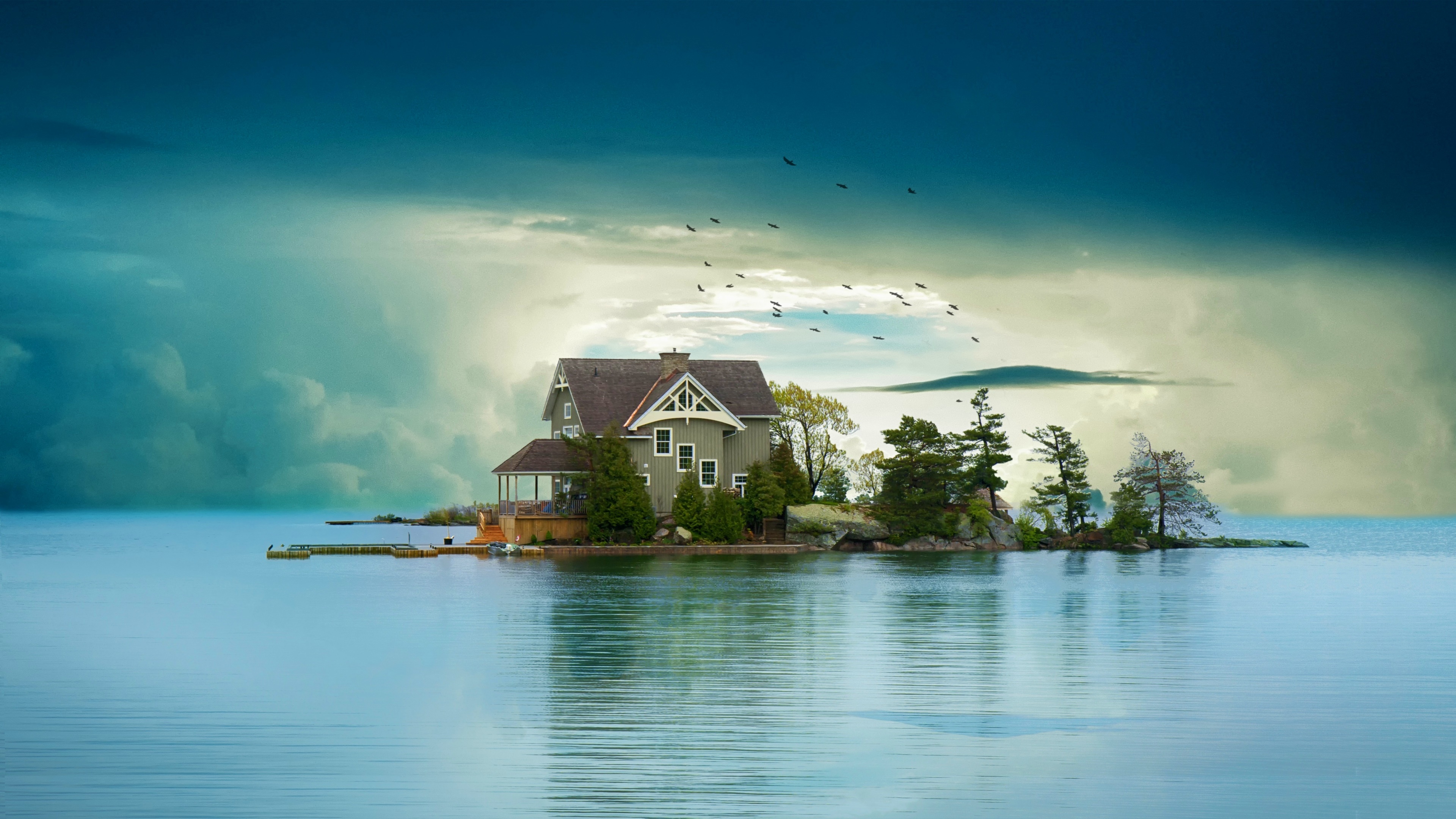 Free download wallpaper Lake, Tree, House, Island, Man Made on your PC desktop