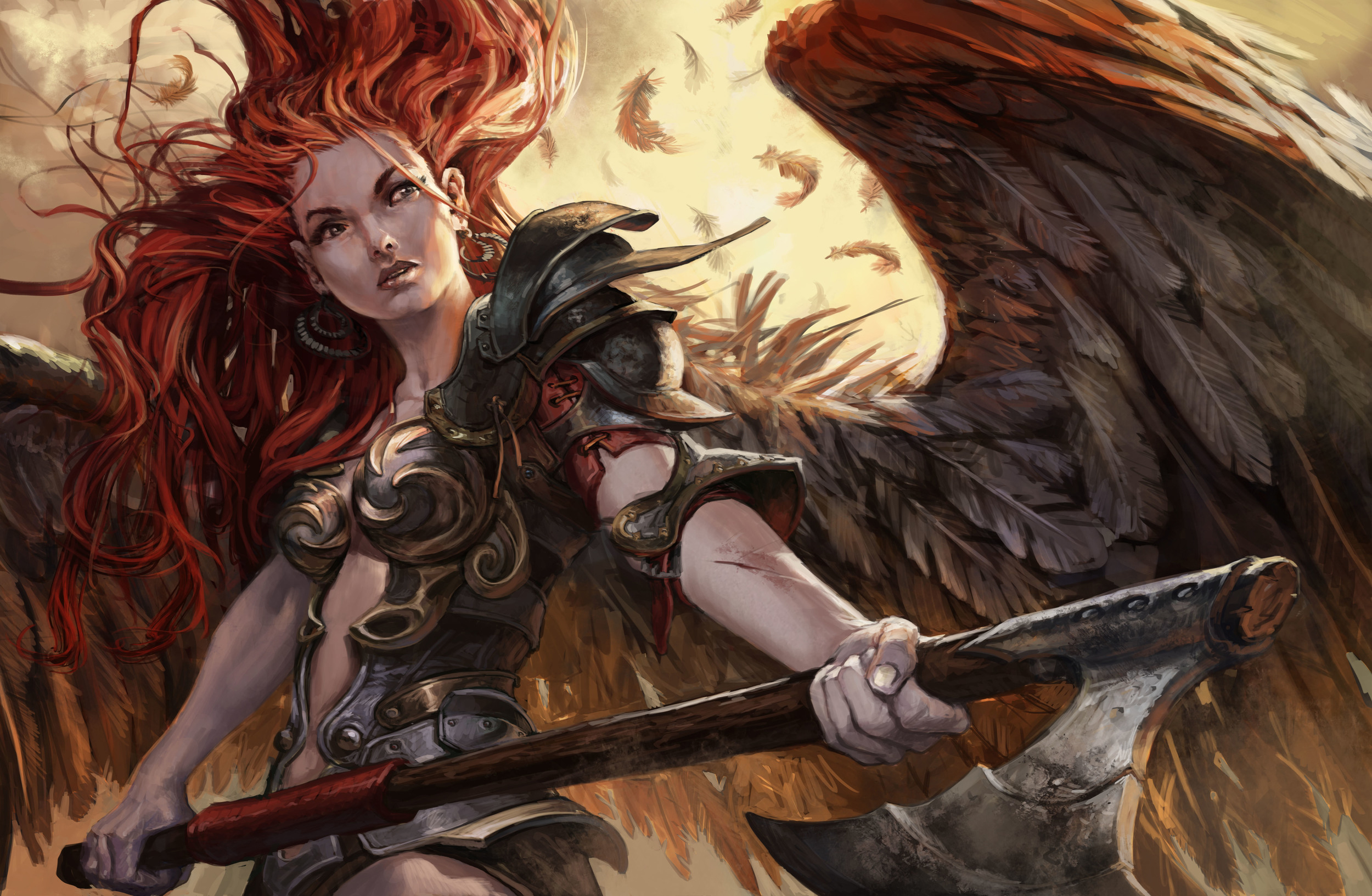 無料モバイル壁紙天使, 赤毛, 翼, ゲーム, 斧, 鎧, マジック：ザ・ギャザリング, 天使の戦士をダウンロードします。