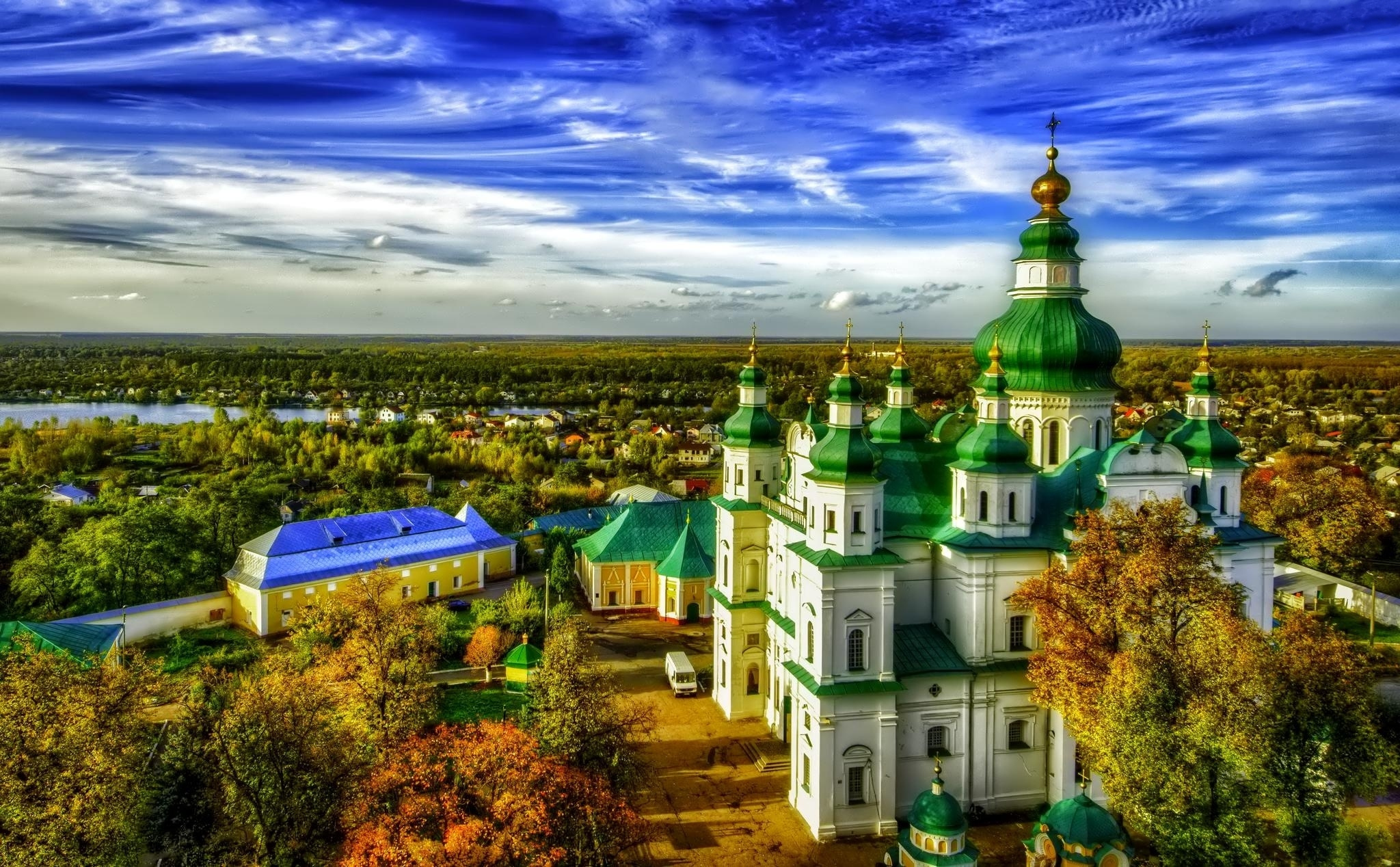 Download mobile wallpaper Landscape, Horizon, Panorama, Russia, Church, Churches, Religious for free.