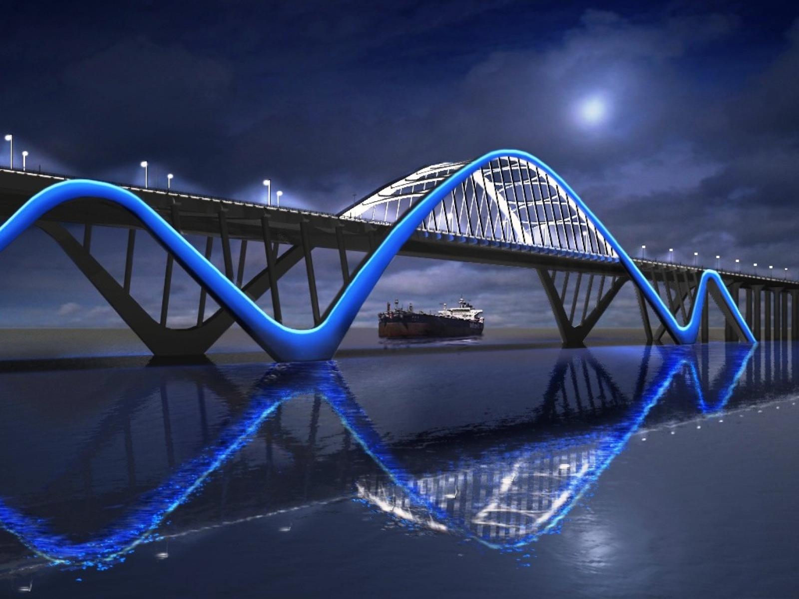 PCデスクトップに橋, 反射, 光, 青い, グロー, 夜, マンメイド画像を無料でダウンロード