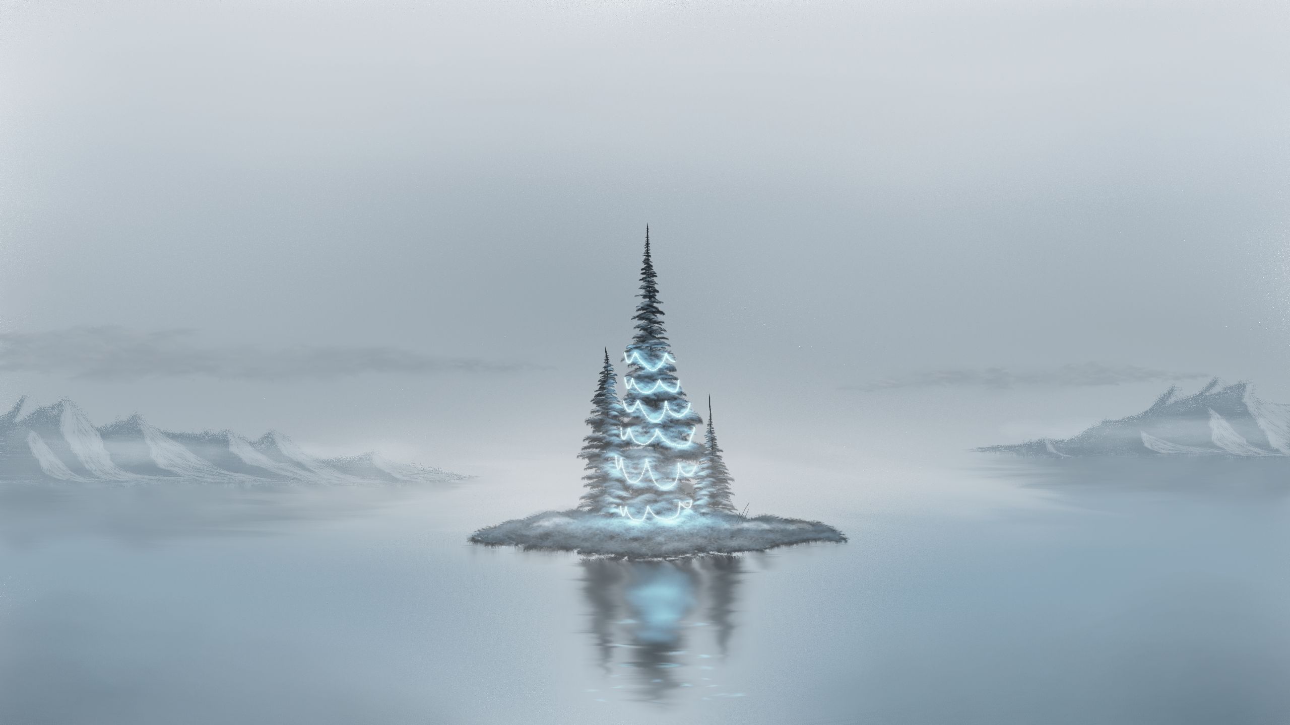 Free download wallpaper Landscape, Water, Mountain, Tree, Christmas, Artistic on your PC desktop