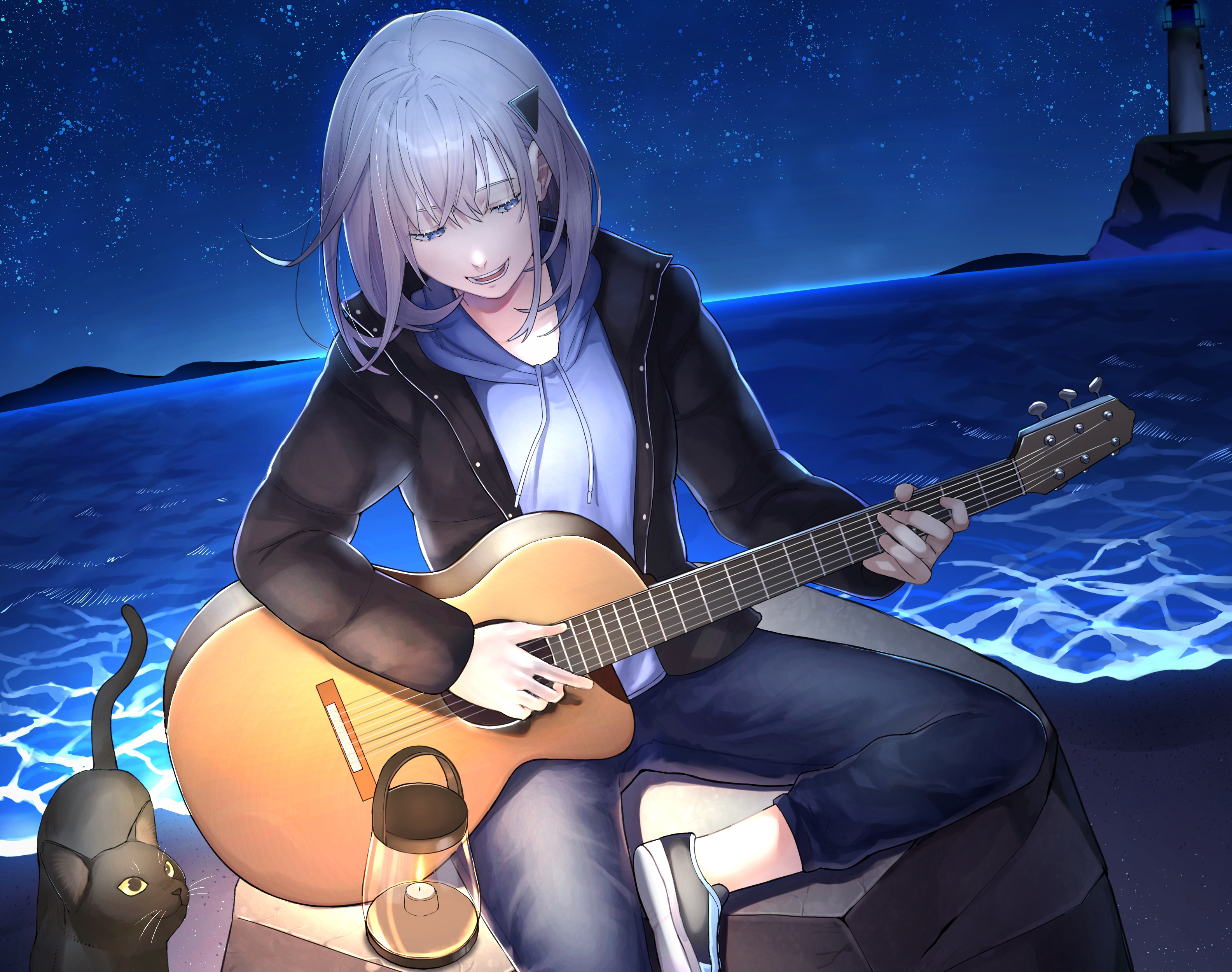 Download mobile wallpaper Music, Anime, Sea, Light, Cat, Starry Sky, Guitar for free.