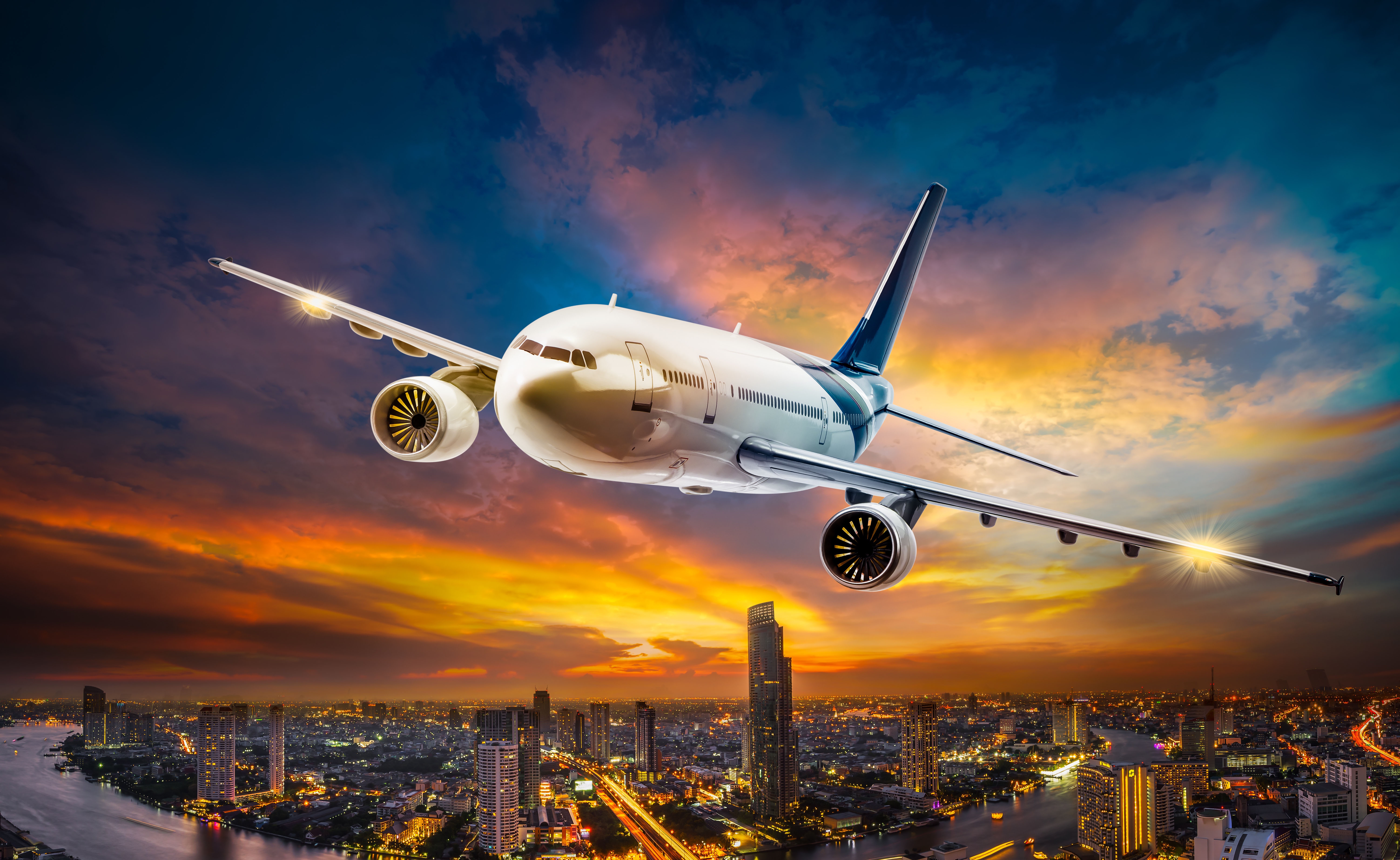 Download mobile wallpaper Sunset, City, Airplane, Aircraft, Vehicles, Manipulation for free.