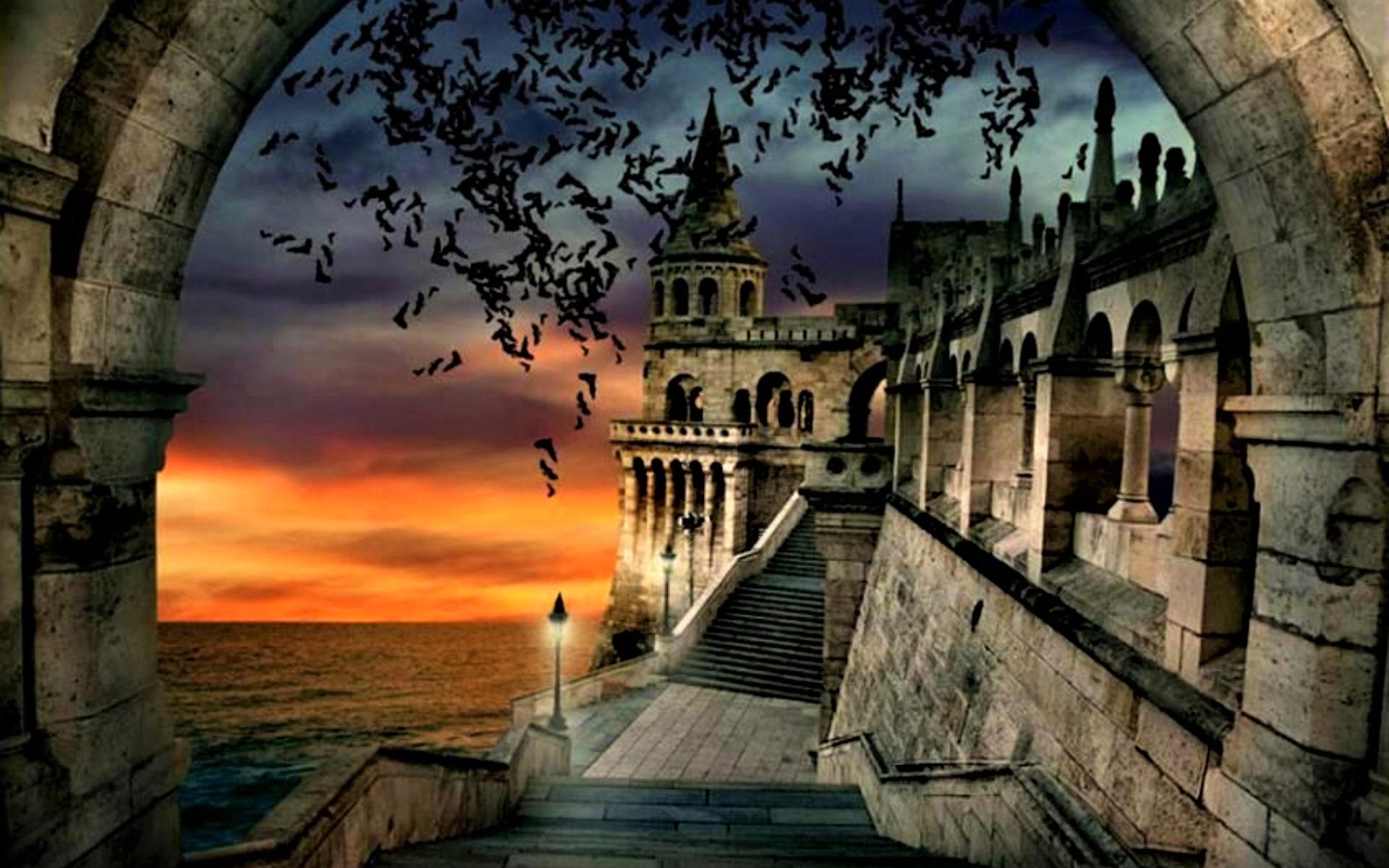 1503592 завантажити картинку фантазія, замок, кажан, кроки, захід сонця, вежа - шпалери і заставки безкоштовно