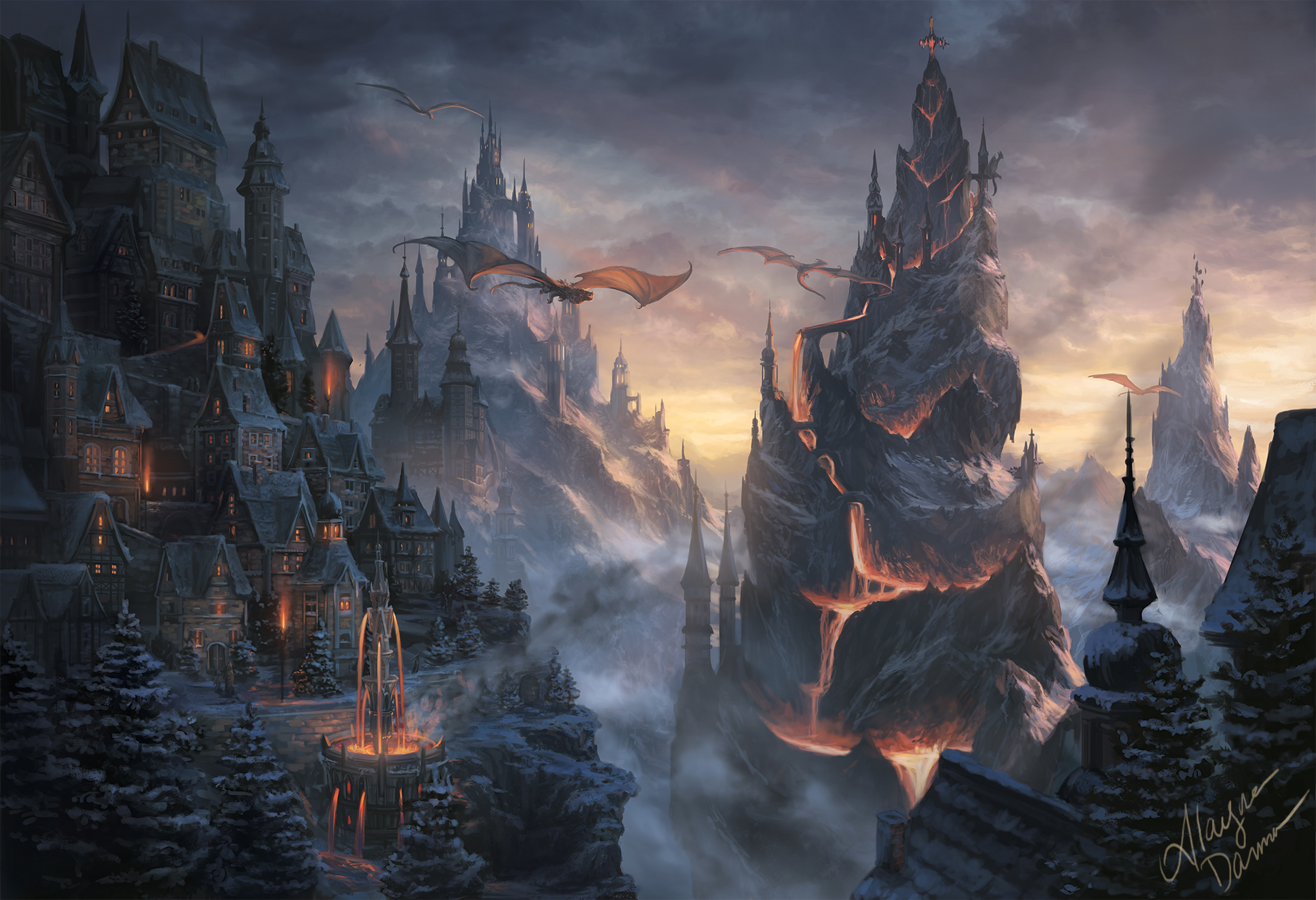 Free download wallpaper Fantasy, City, Building, Mountain, House, Dragon, Lava on your PC desktop