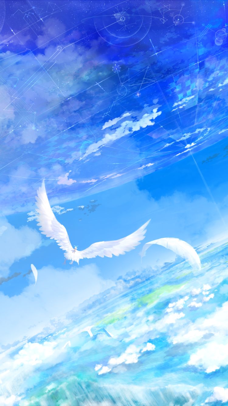 Download mobile wallpaper Anime, Landscape, Sky, Bird, Cloud for free.