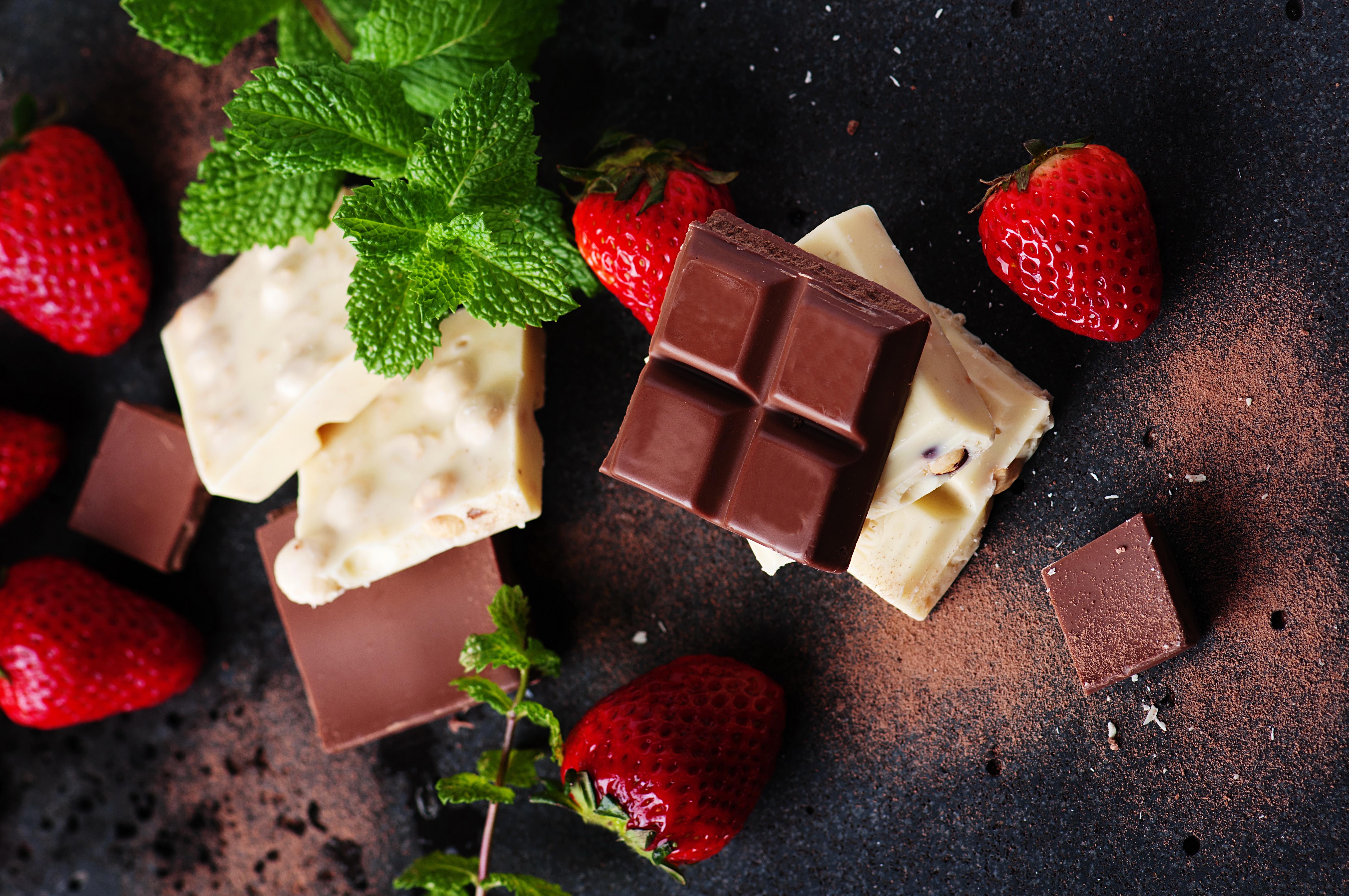 Laden Sie das Erdbeere, Schokolade, Minze, Nahrungsmittel, Stillleben-Bild kostenlos auf Ihren PC-Desktop herunter