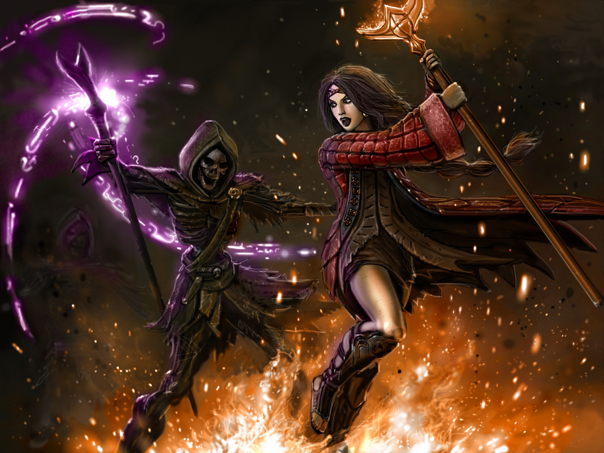Download mobile wallpaper Magic, Fantasy, Dark, Flame, Fight, Skeleton, Staff, Witch, Black Hair, Long Hair for free.