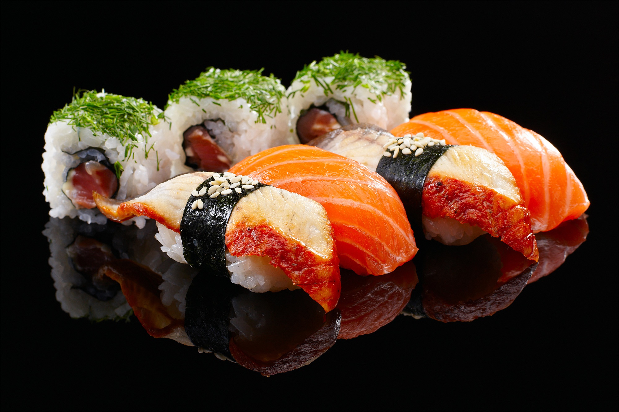sushi, food, fish, reflection, rice, seafood