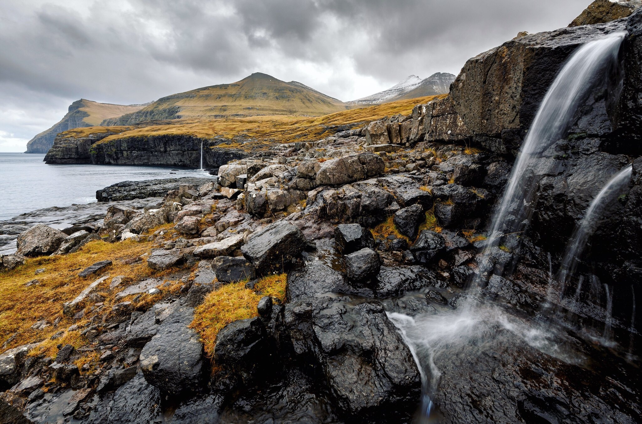 1012595 скачать картинку фарерские острова, земля/природа, береговая линия, побережье, природа, водопад - обои и заставки бесплатно
