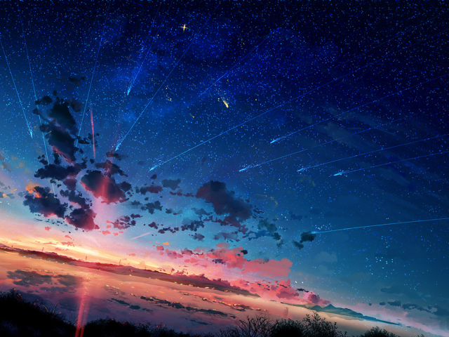 Скачать картинку Аниме, Звездное Небо, Падающая Звезда, Закат Солнца в телефон бесплатно.