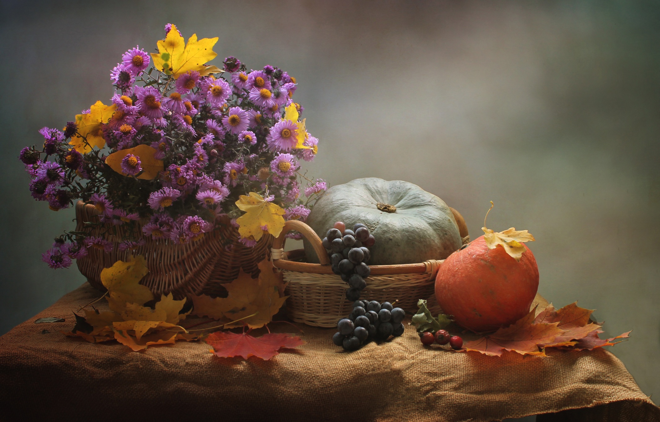 Download mobile wallpaper Grapes, Pumpkin, Still Life, Flower, Leaf, Fall, Bouquet, Photography, Pink Flower for free.