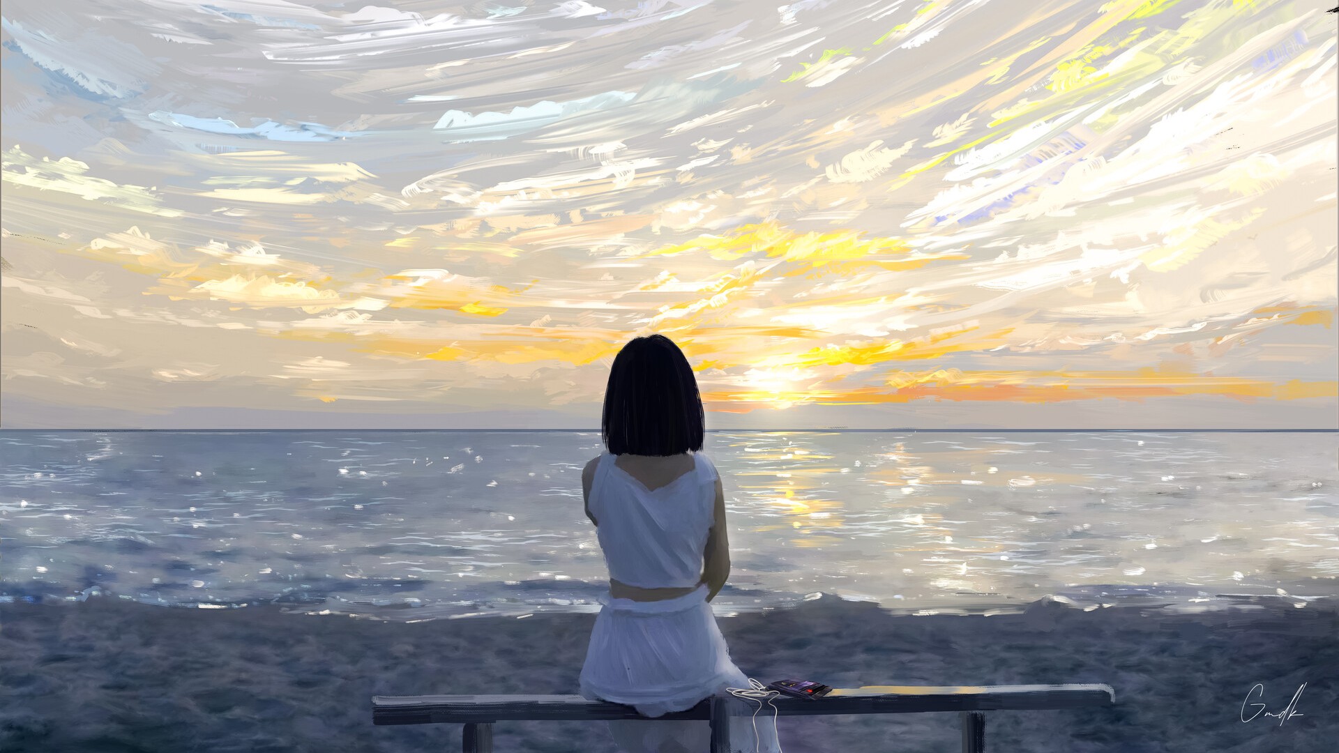 Download mobile wallpaper Sky, Sea, Artistic, Women for free.