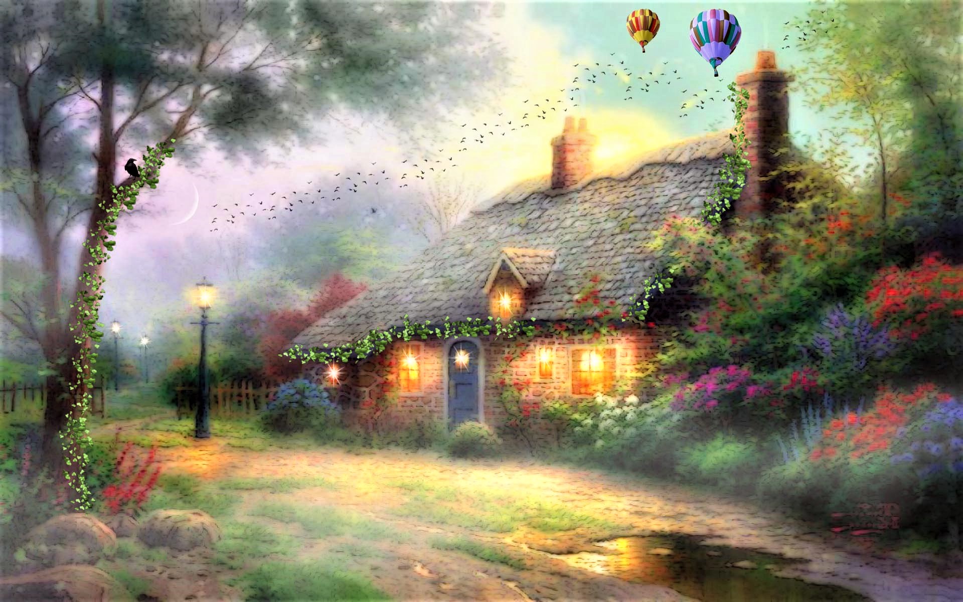 Download mobile wallpaper Fantasy, Flower, Tree, House, Artistic, Fairy, Hot Air Balloon for free.
