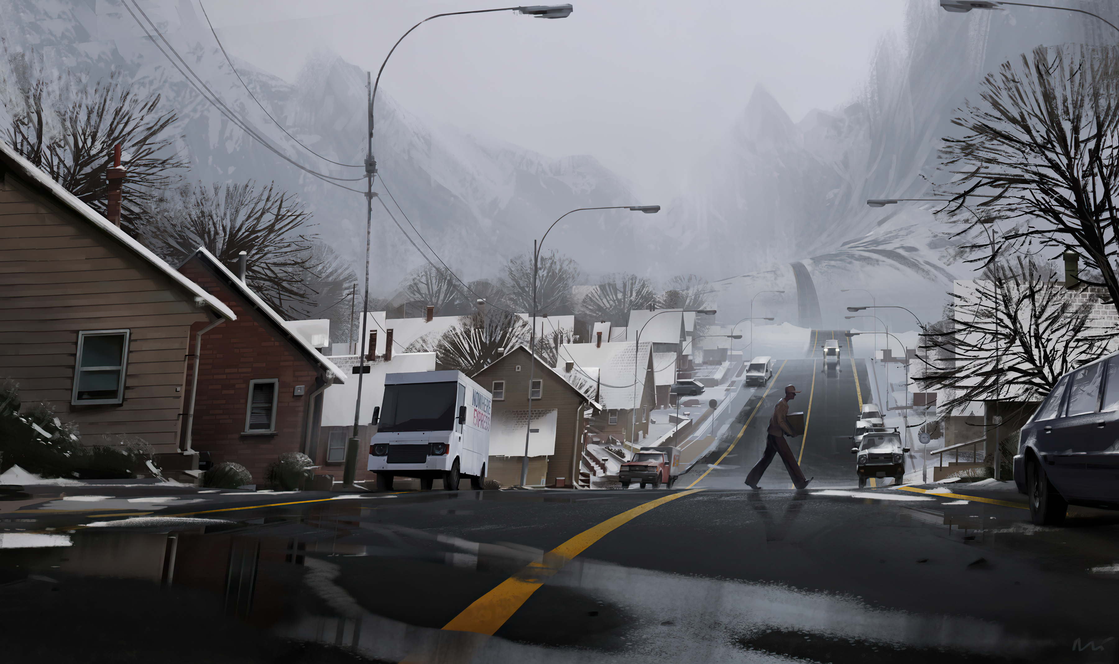 Download mobile wallpaper Winter, Snow, Mountain, Road, Artistic, Puddle, Town for free.