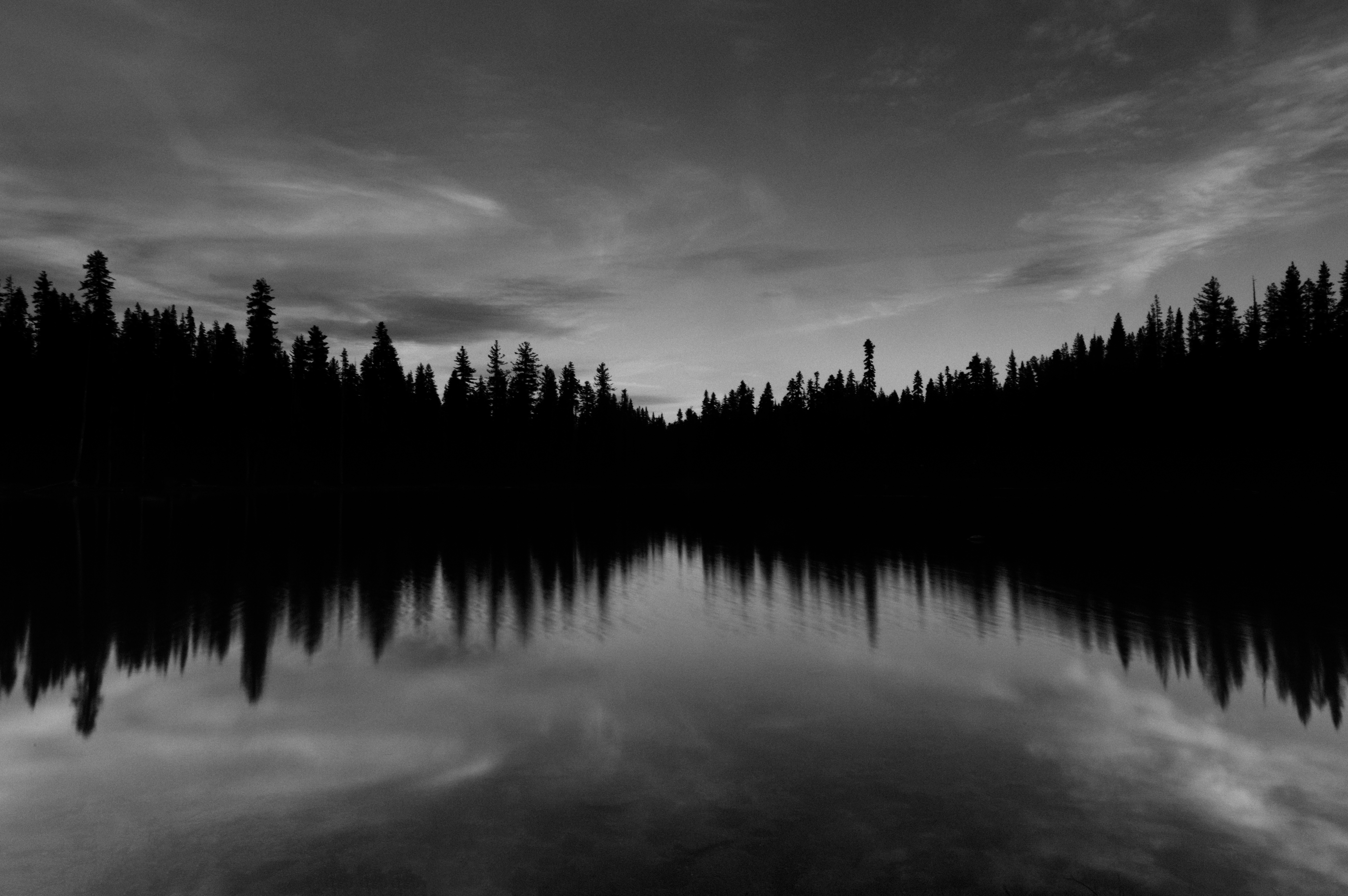 Téléchargez gratuitement l'image Lac, Silhouette, Forêt, Terre/nature, Noir & Blanc, Réflection sur le bureau de votre PC