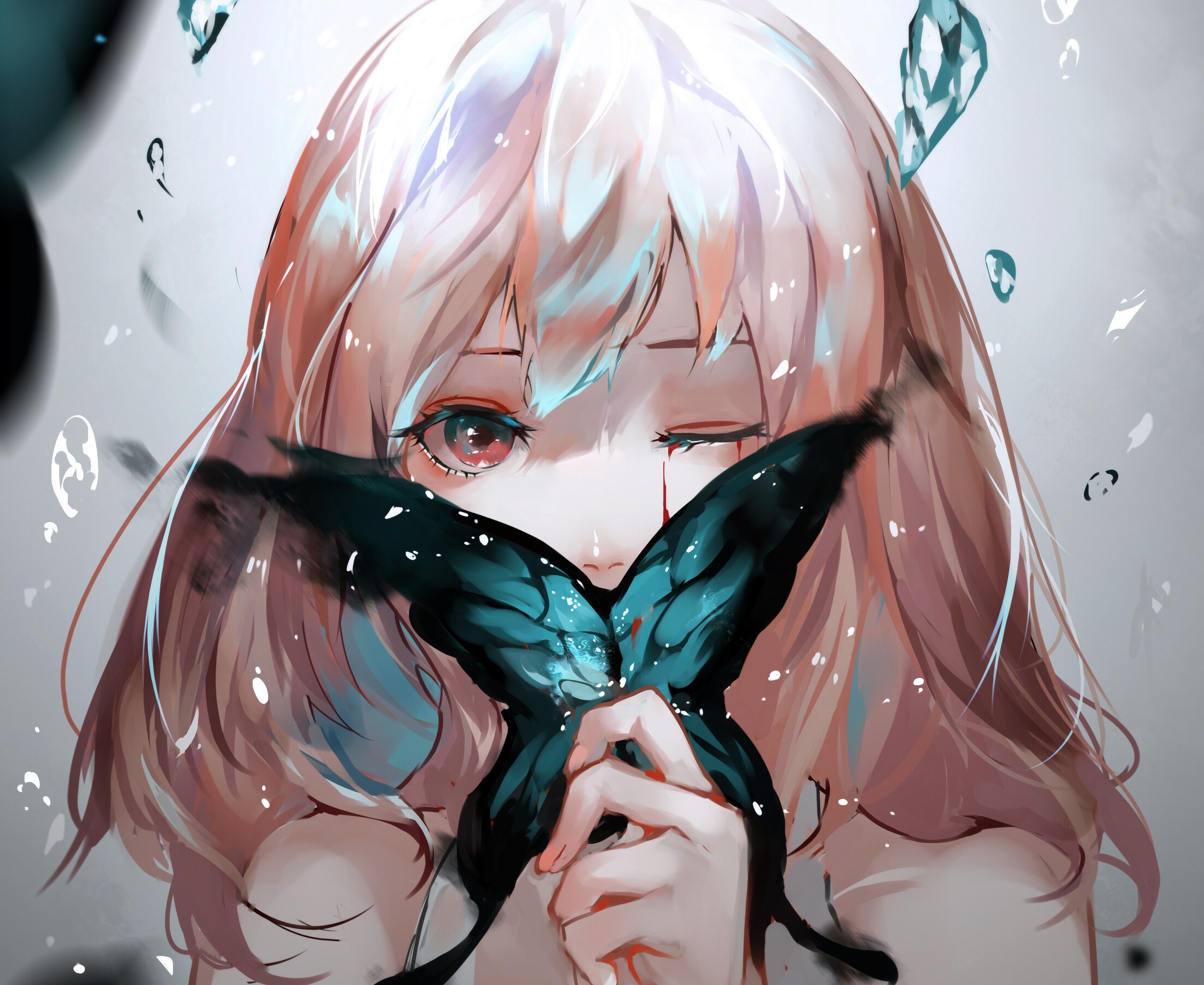 Download mobile wallpaper Anime, Butterfly, Blonde, Wink, Original, Long Hair, Pink Eyes for free.
